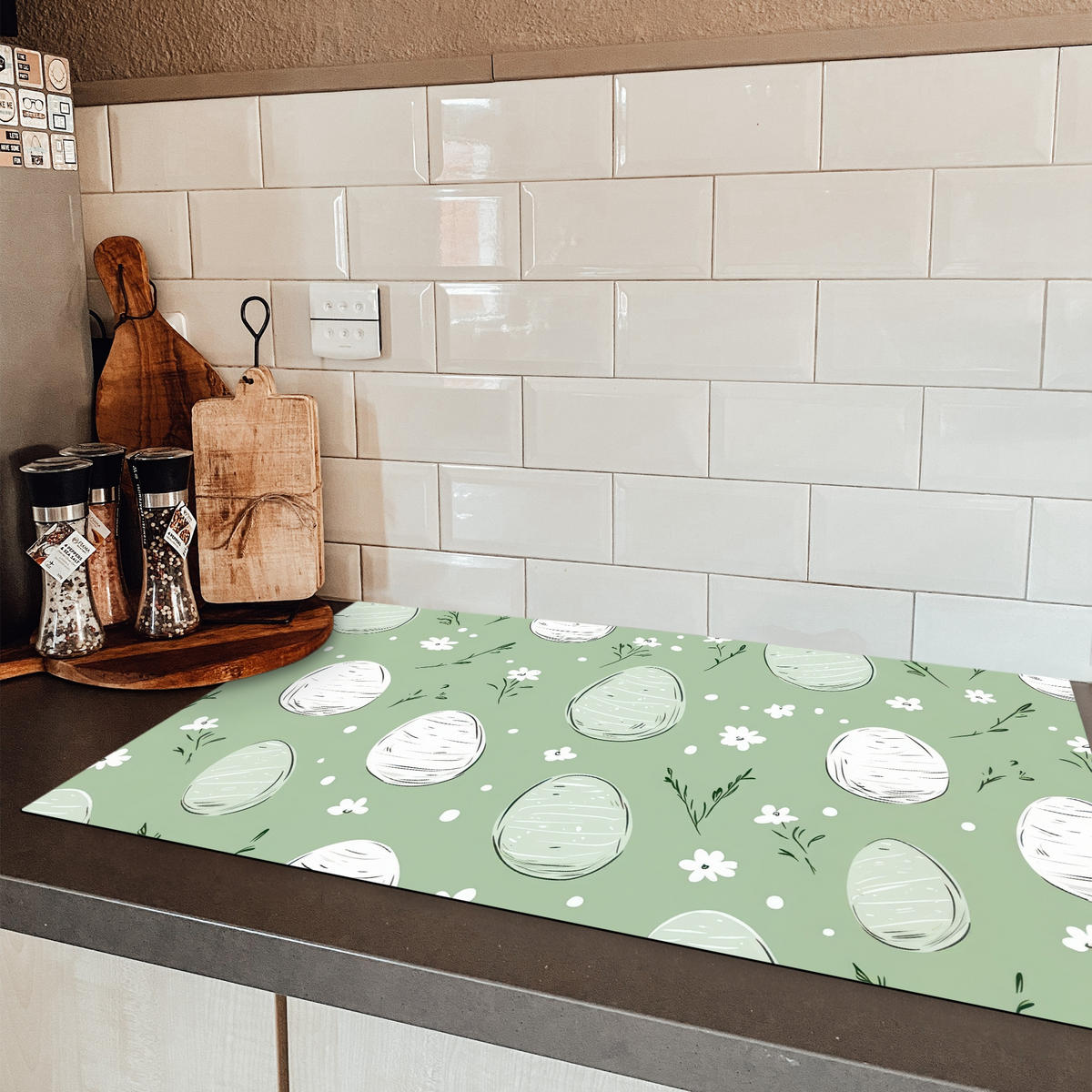 HERDABDECKPLATTE Grün - Eier - Muster Ceranfeldabdeckung 85x52 cm - Waldgrün, Kunststoff (85/52/0.2cm) - MuchoWow