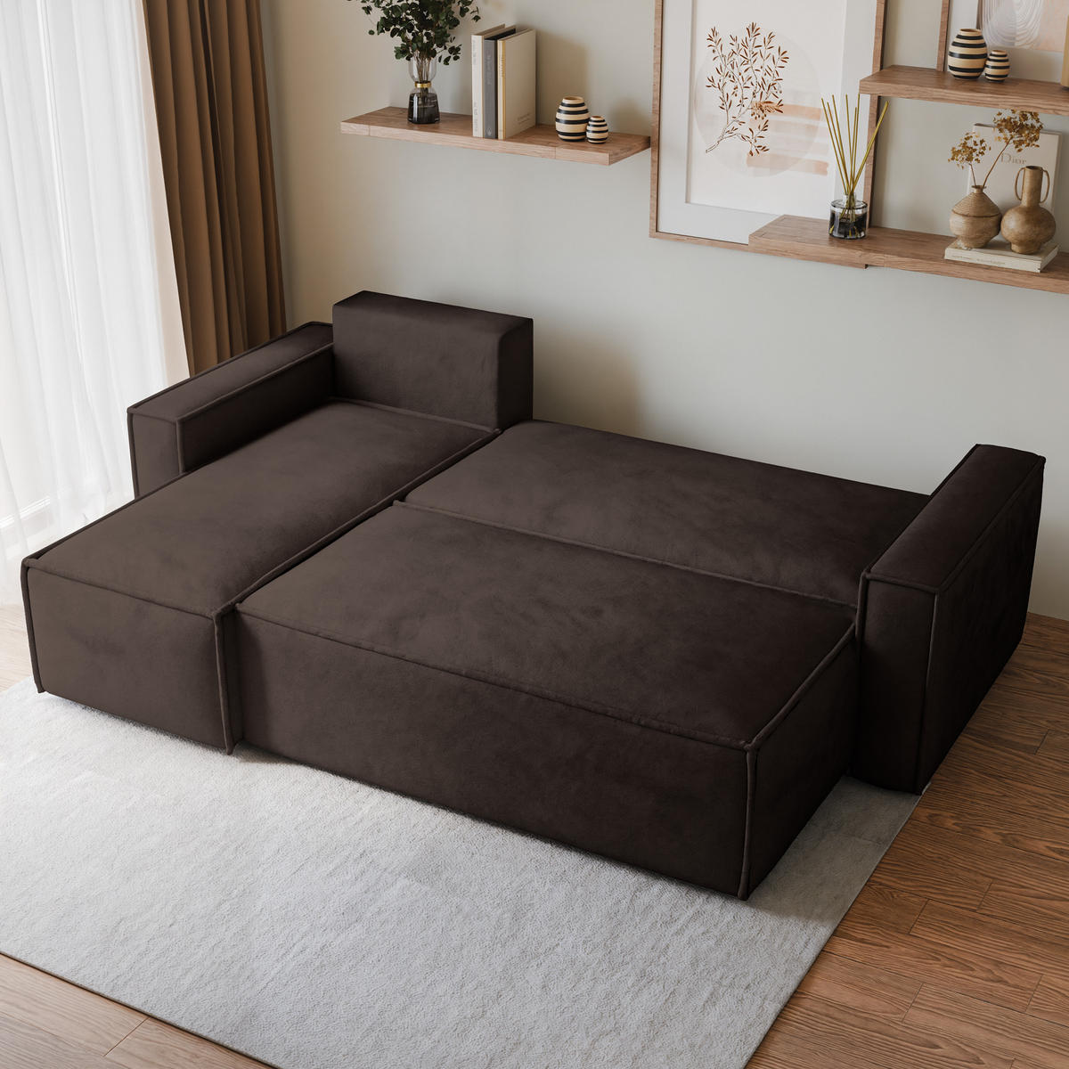 ECKSOFA RAVELO M Braun Velours-Stoff mit Schlaffunktion - Braun, Holz (240/140cm) - MASSENO