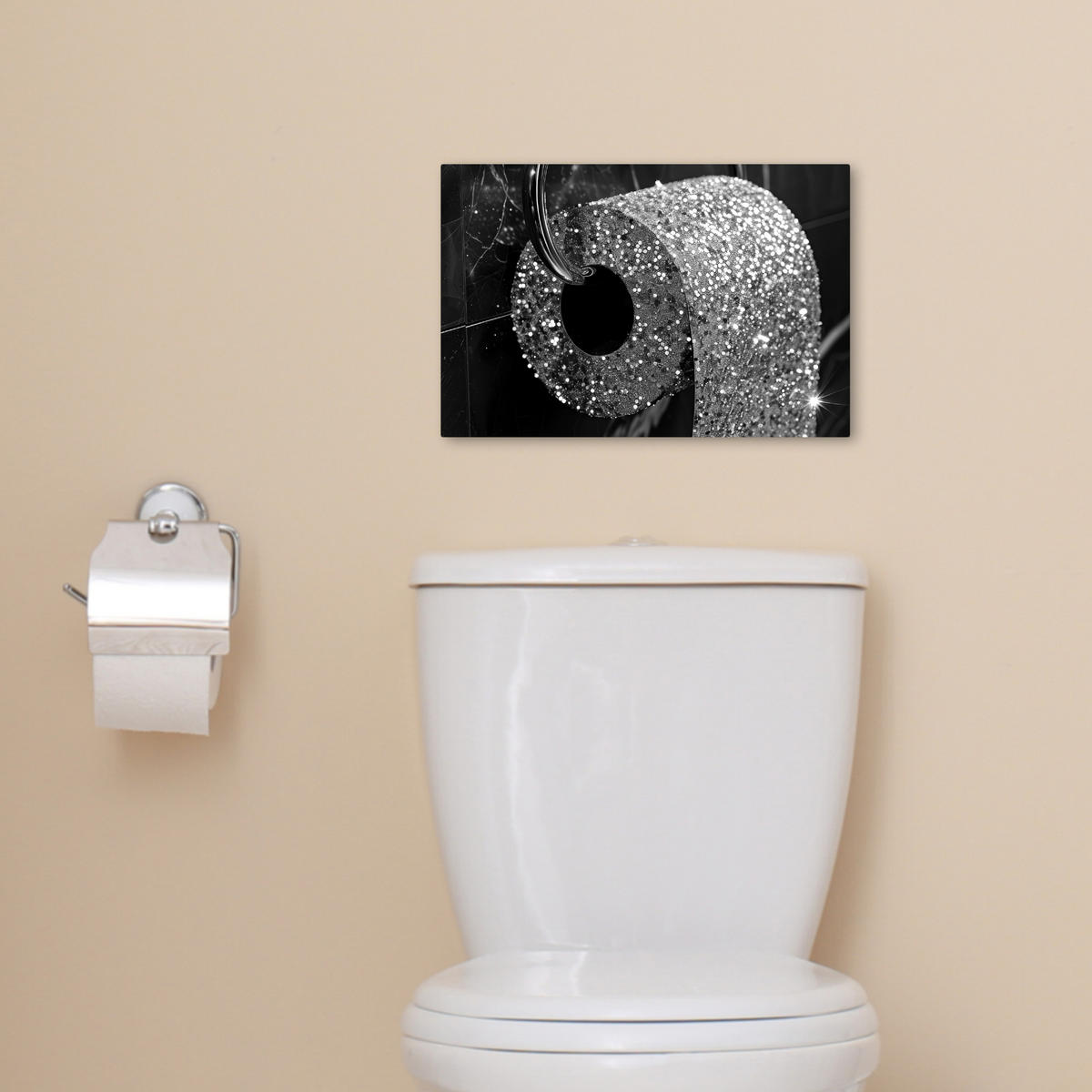 LEINWANDBILD WC - Toilettenpapier - Schwarz und weiß - Glitter 30x20 cm - Silberfarben, Textil (30/20cm) - MuchoWow