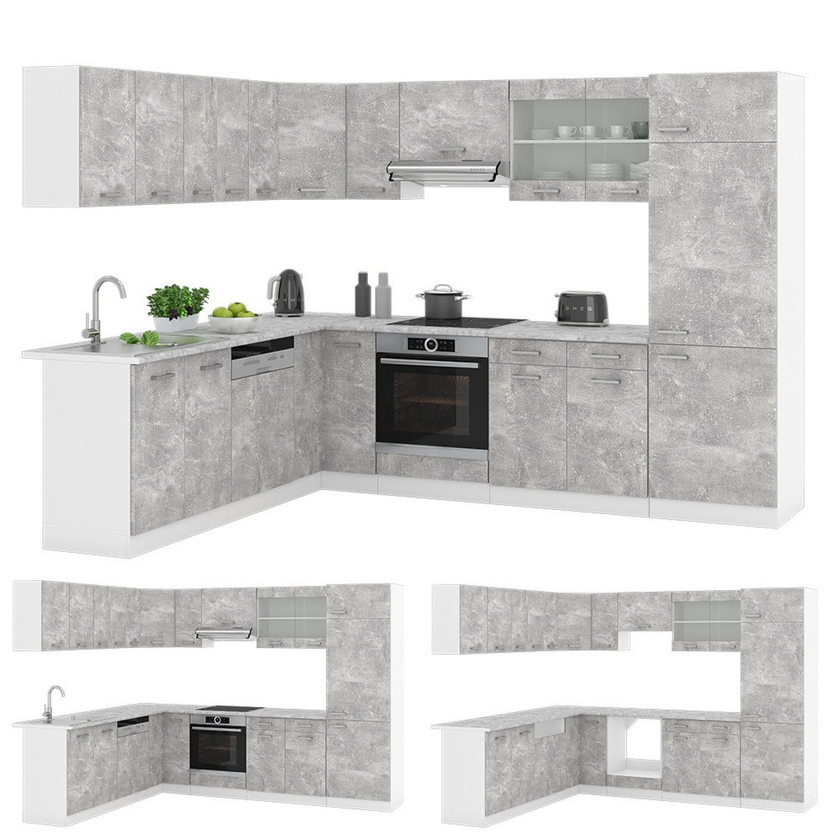 ECKKÜCHE R-Line, Beton/Weiß, 287 x 227 cm, AP Marmor - Weiß/Grau, Holzwerkstoff (287/81.6/60cm) - Vicco