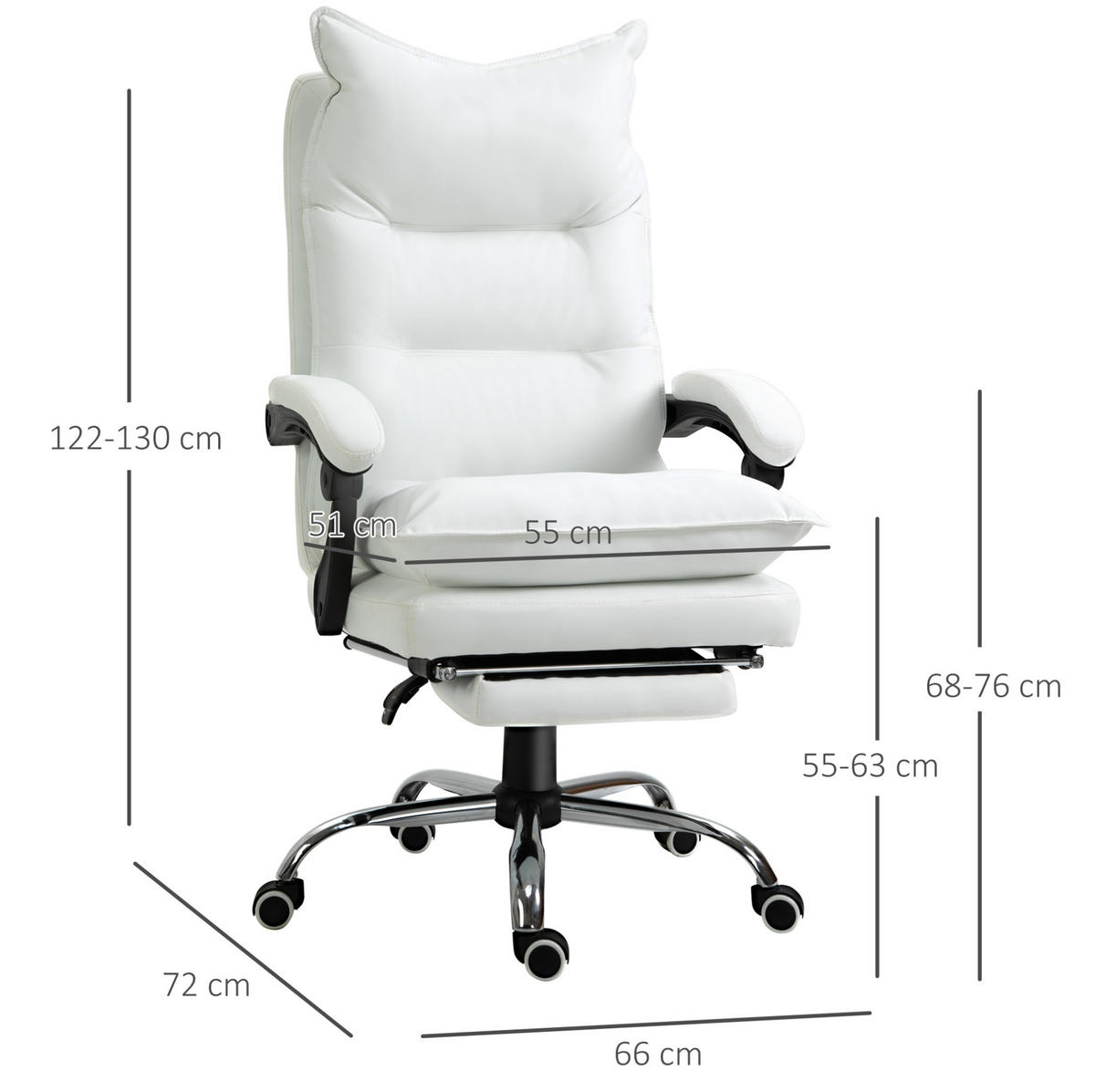 DREHSTUHL 66/72/122-130 cm weiß aus Metall mit Kunstleder, Liegefunktion und Fußstütze - Weiß, Metall (72/130/66cm) - OKWISH