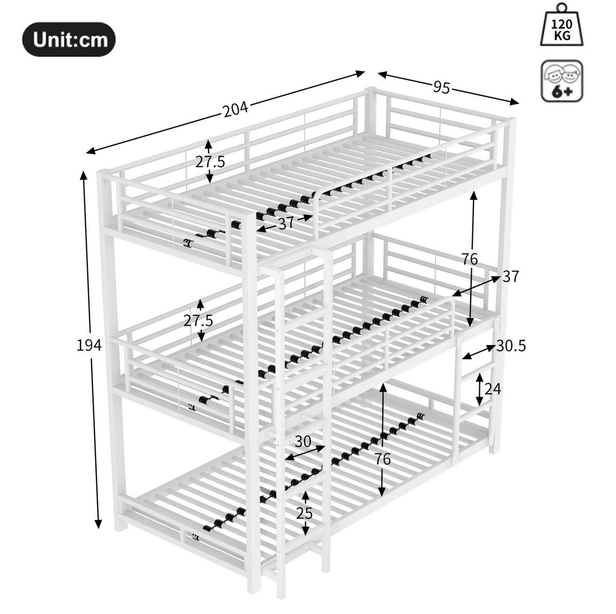 ETAGENBETT 90/200 cm weiß aus Metall Dreifachbett - Weiß, Metall (90/200cm) - OKWISH