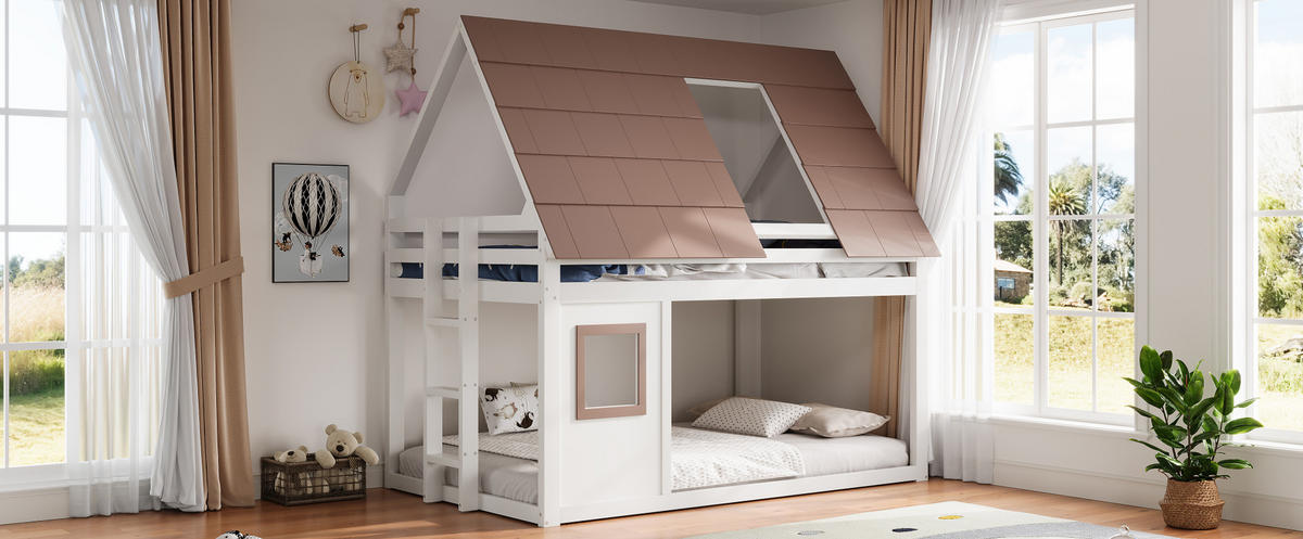 ETAGENBETT 140/200 cm aus Holz mit Dach, Leiter und Fensterdesign, Weiß/Braun - Weiß, Holzwerkstoff (140/200cm) - Redom
