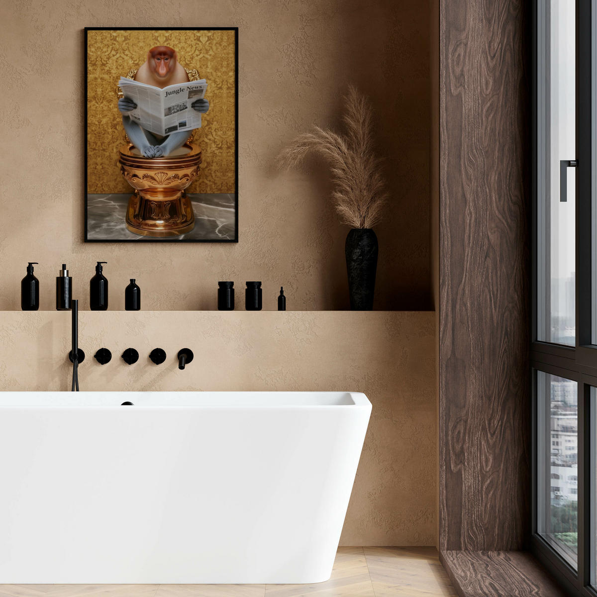 POSTER für WC Badezimmer NASENAFFE mit Zeitung Goldene Toilette Abstraktion 20x30cm - Beige/Orange, Papier (20/30/30cm) - Muralo