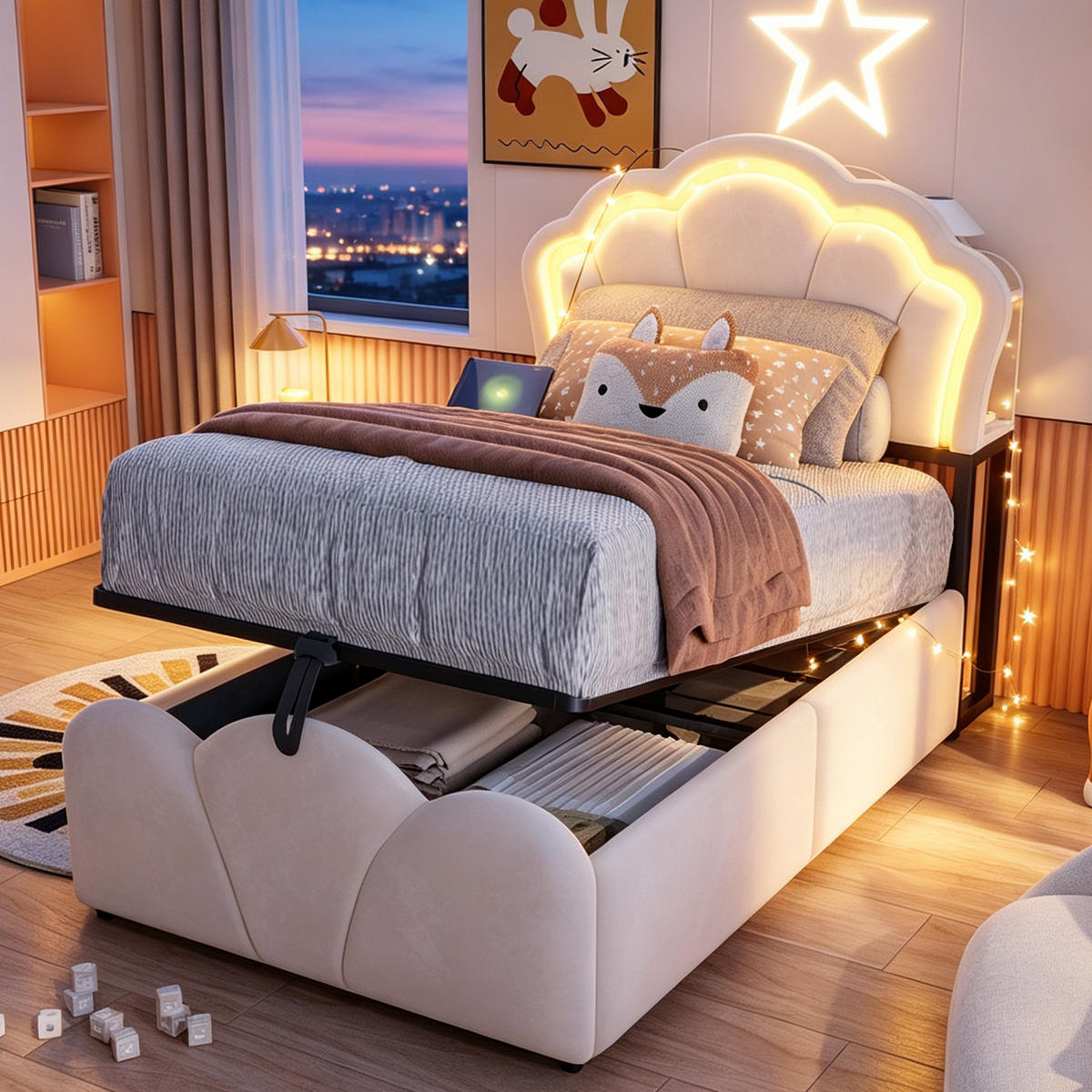 POLSTERBETT 90/200 cm aus Samt mit LED und Stauraum, Beige - Beige, Textil (90/200cm) - OKMYHOME