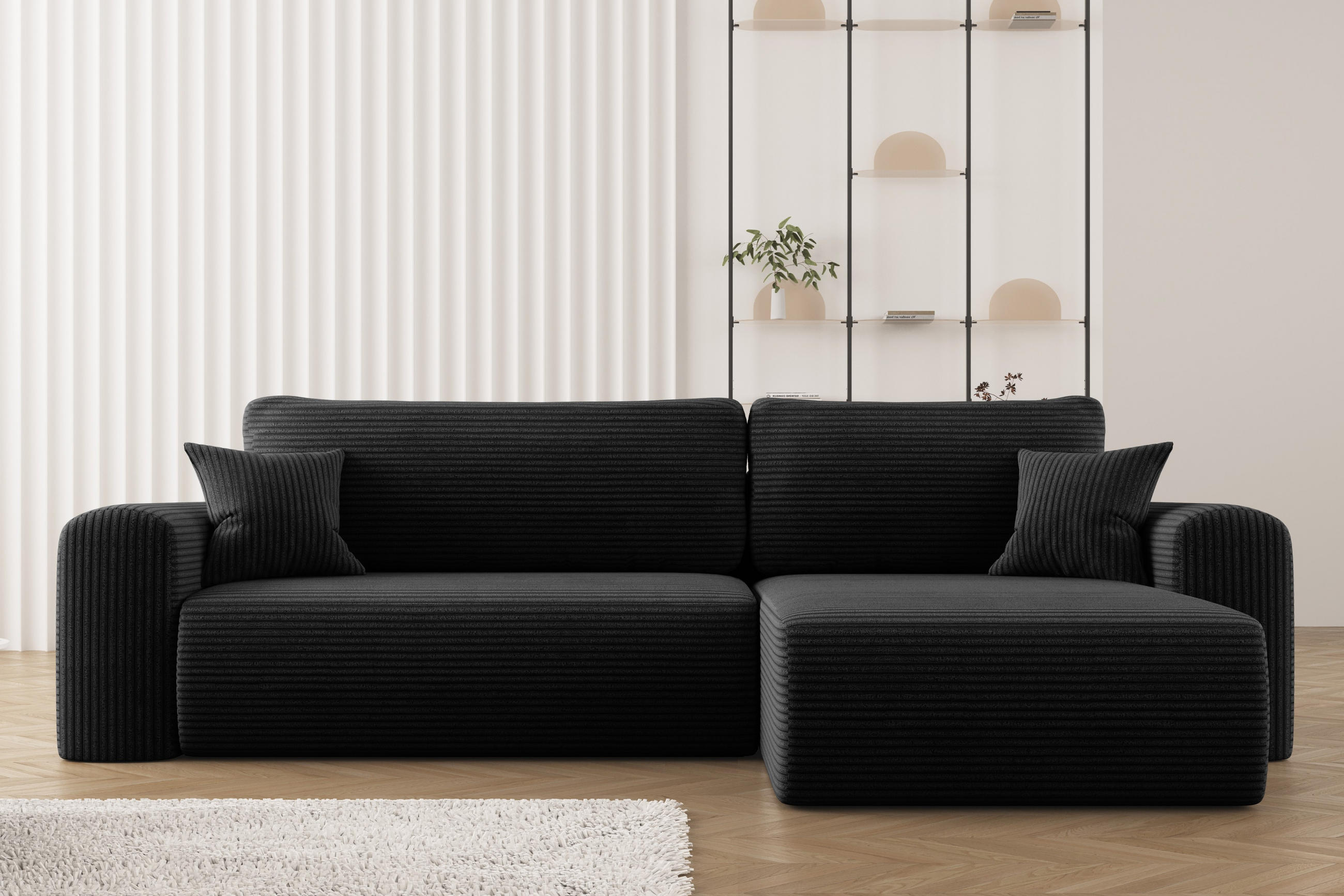 ECKSOFA Mit Schlaffunktion und Stauraum für Bettzeug Capri Stoff Poso Schwarz Rechts - Schwarz, Holz/Textil (272/145cm) - Kaiser Möbel