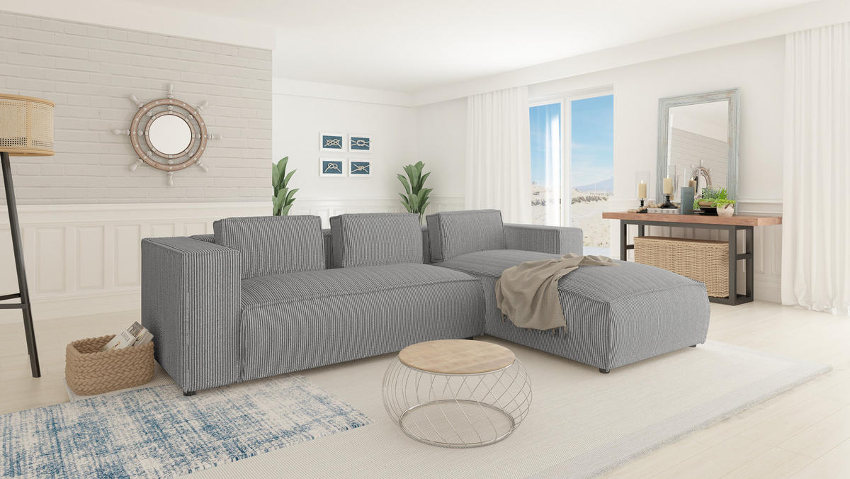 ECKSOFA Nova Hellgrau Cord, Ottomane rechts - Hellgrau/Schwarz, Holz/Kunststoff (262/176cm) - S-Style Möbel