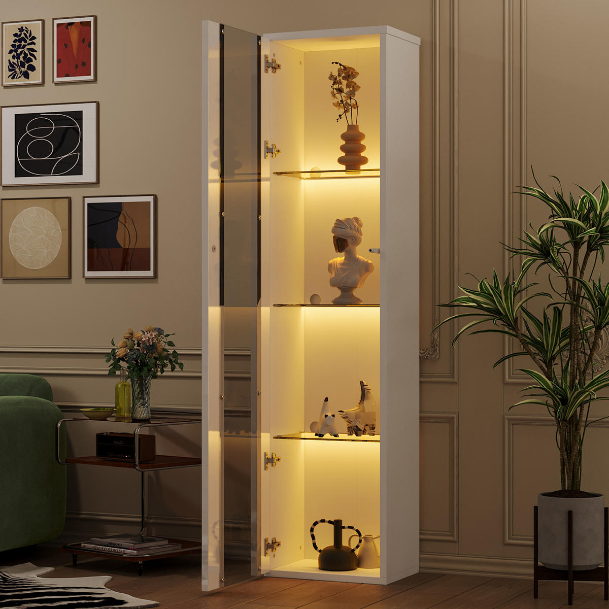 VITRINE mit 4 Ebenen Acrylglas LED Beleuchtung Fernbedienung modern Weiß Spanplatte transparent - Transparent/Weiß, Glas/Holzwerkstoff (40/170/29cm) - EVRYAE