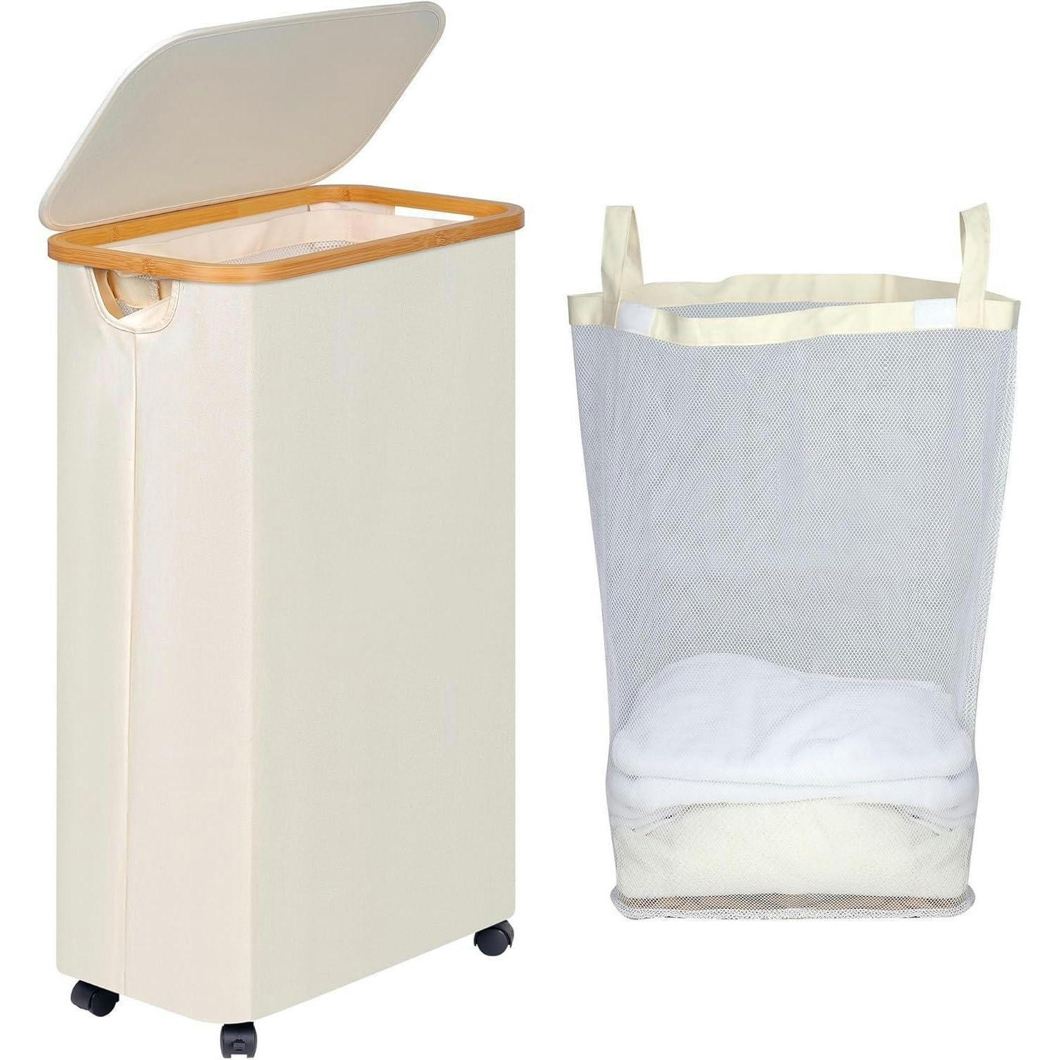 WÄSCHEKORB mit Rollen 75L Beige - Beige, Textil (25.5/70/44cm)