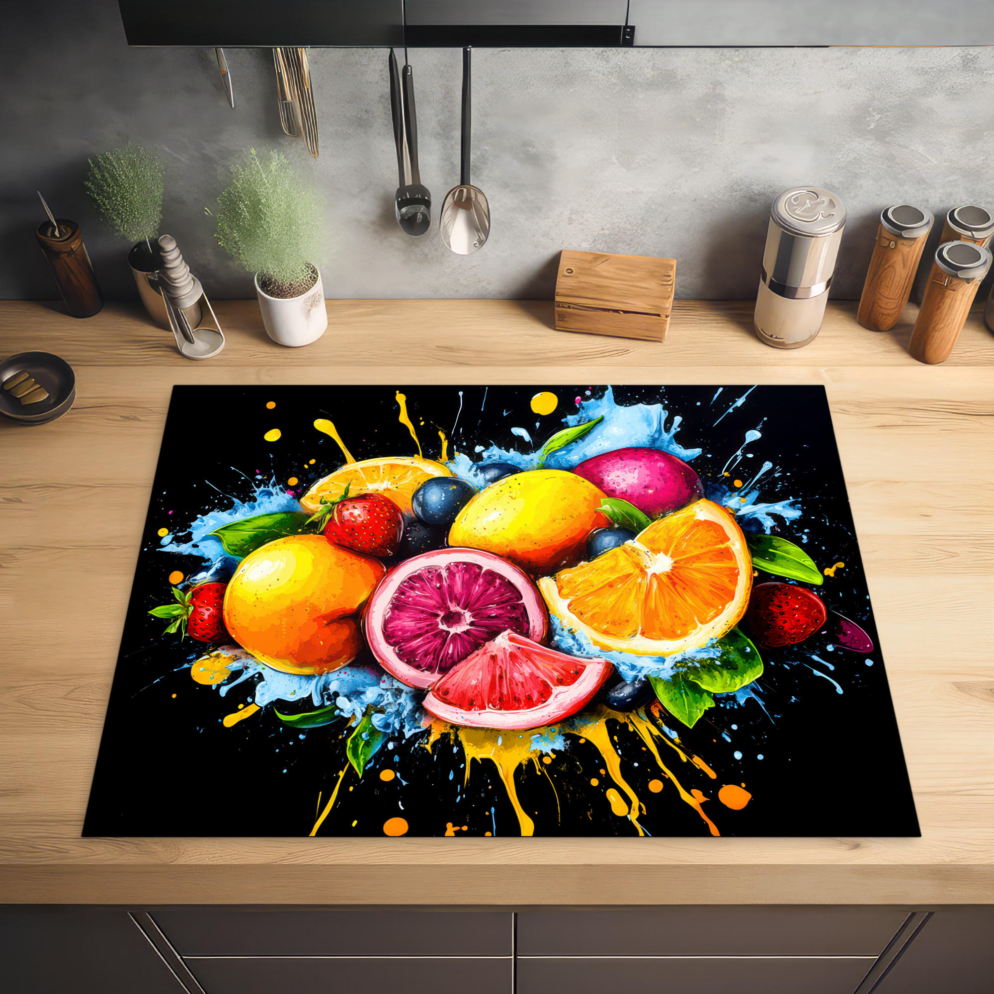 HERDABDECKPLATTE Obst - Graffiti - Bunt - Orange - Erdbeere - Abstrakt 77x59 cm - Orange, Kunststoff (77/0.2/59cm) - MuchoWow