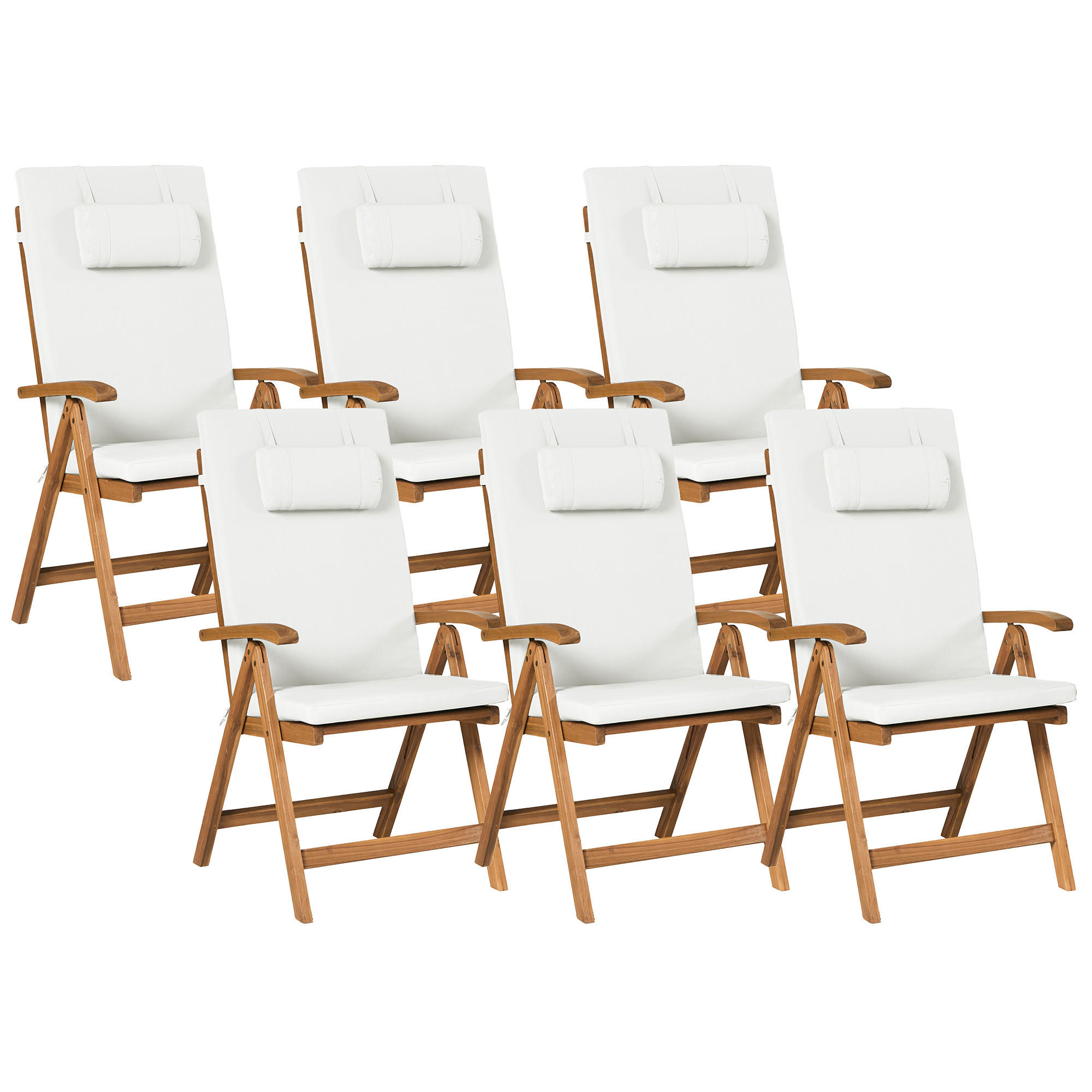 GARTENSTUHL 6er-Set und Sitzkissen Akazienholz Cremeweiß Java Premium - Hellbraun, Holz (54/105/69cm) - Beliani