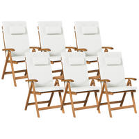 GARTENSTUHL 6er-Set und Sitzkissen Akazienholz Cremeweiß Java Premium - Hellbraun, Holz (54/105/69cm) - Beliani