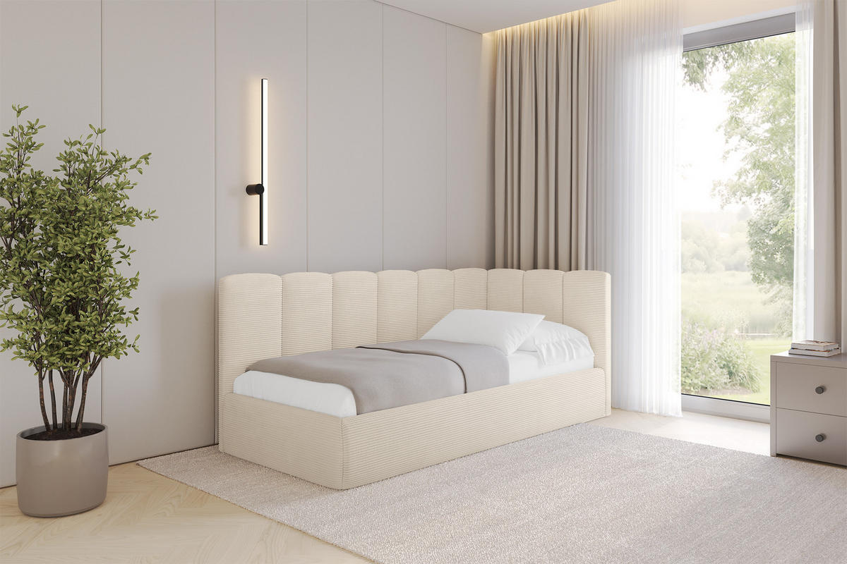 EINZELLBETT Jugendbett mit Bettkasten, Links - DEXY 90x200 Beige - Creme, Holzwerkstoff/Textil (90/200cm) - ALTDECOR