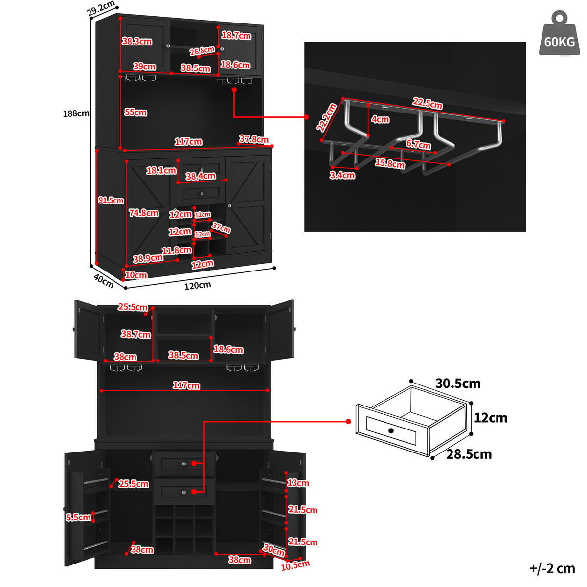 GESCHIRRSCHRANK aus MDF 120x40x188cm in Schwarz mit Weinregal - Schwarz, Holzwerkstoff (120/188/40cm) - Modfu