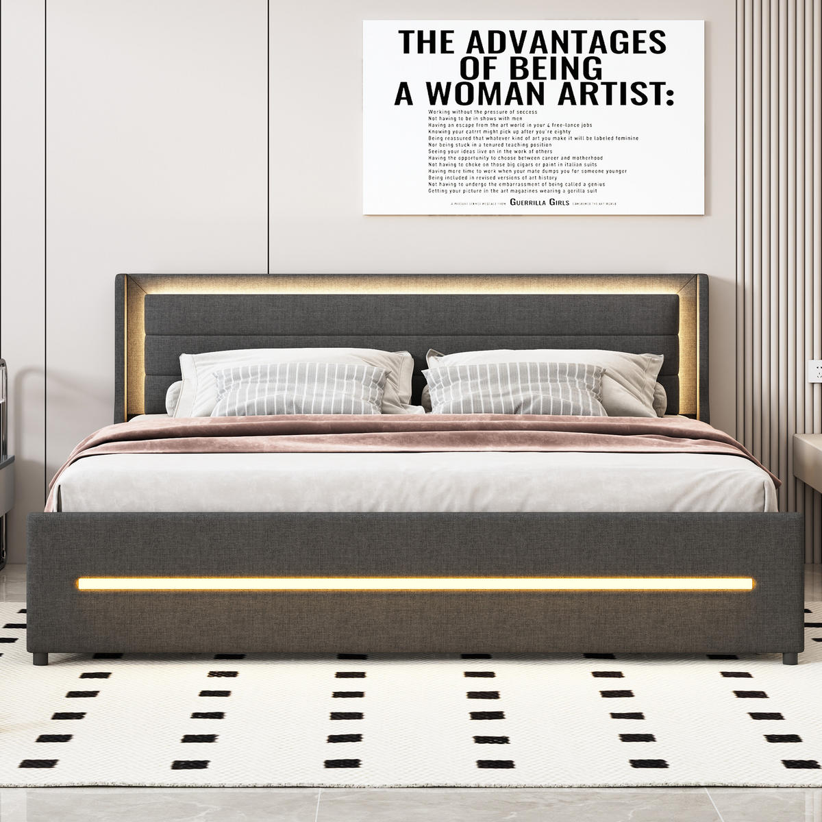 POLSTERBETT 180/200 cm grau mit farbwechselnder LED-Beleuchtung und vier Ablagefächern - Grau, Textil (180/200cm) - OKWISH