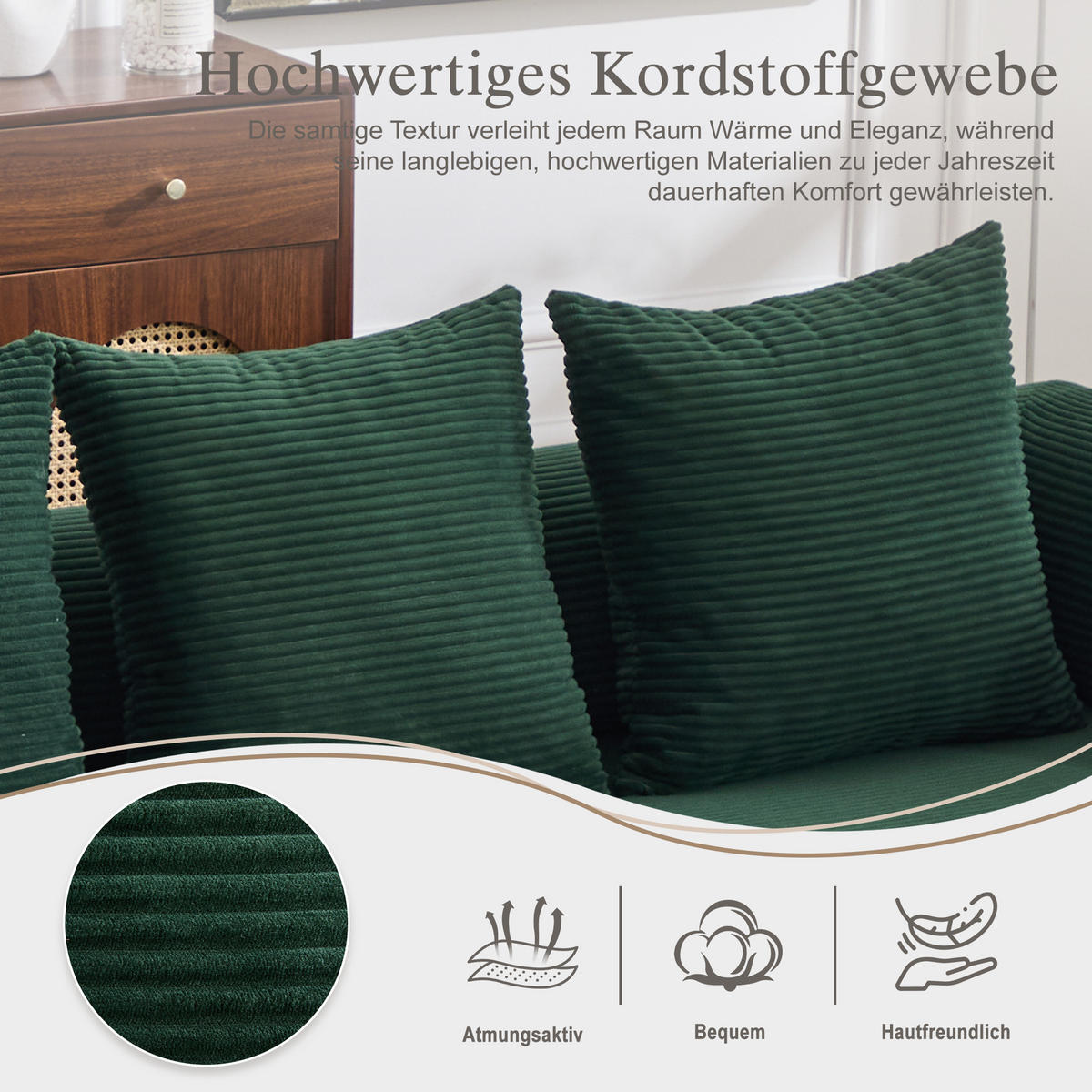 ECKSOFA Cord Smaragdgrün mit Hocker und Kissen - Smaragdgrün, Textil/Metall (218/285cm) - WISHDOR