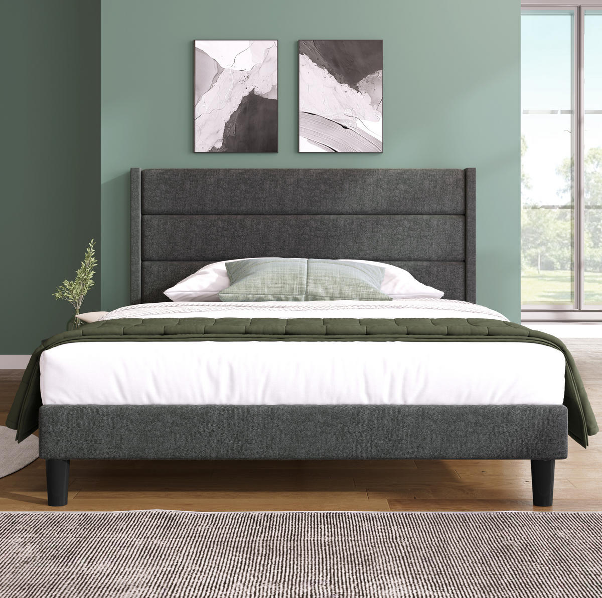 POLNJENA postelja iz lanu 140x200 cm temno siva z vzglavjem, letvenim dnom in 7-consko vzmetnico H3 - temno siva, tekstil (140/200cm) - Modfu