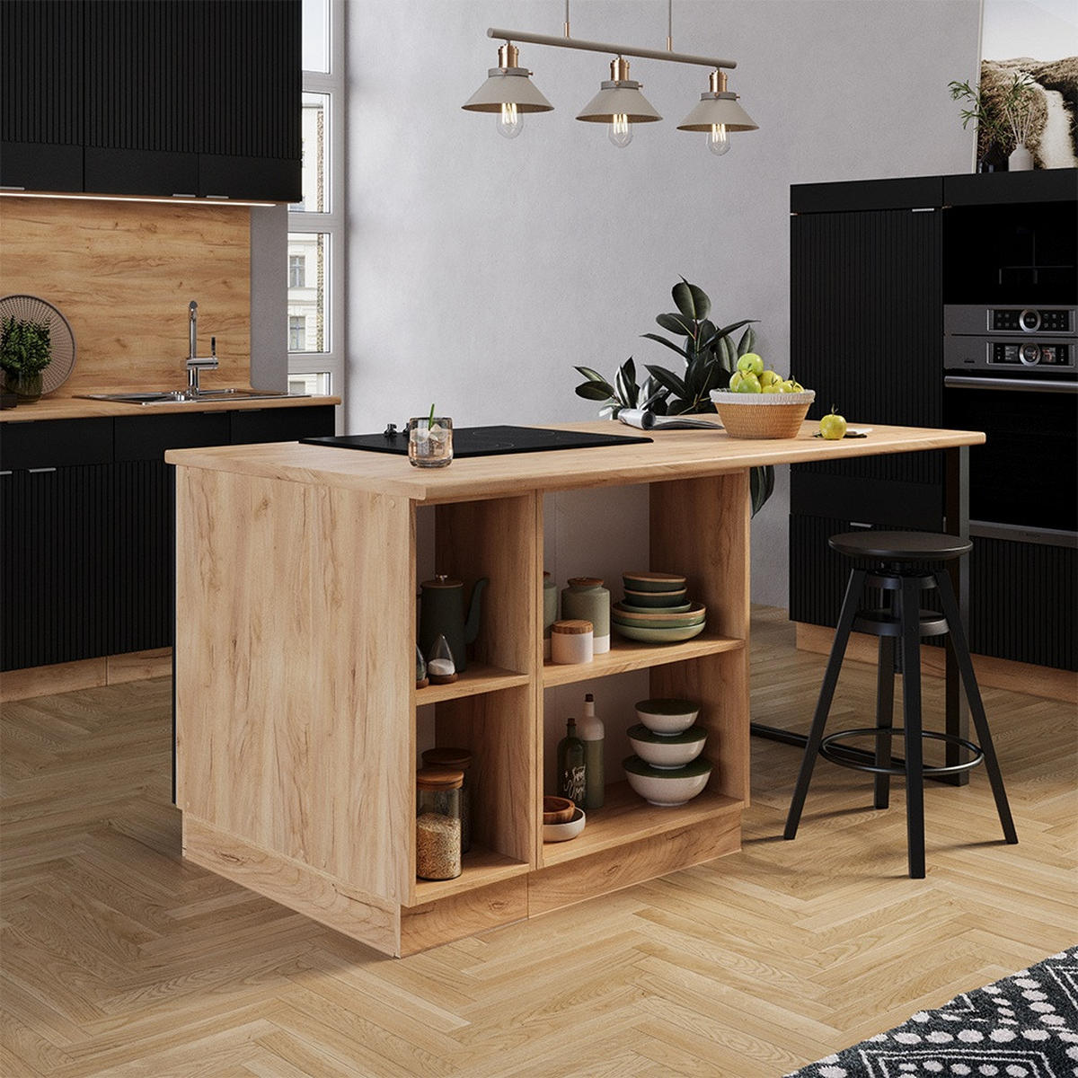 KÜCHENINSEL Fame-Line Schwarz gestreift 90 cm mit Schublade, ohne Arbeitsplatte - Honigeiche/Schwarz, Holzwerkstoff (90/82/60cm) - Vicco