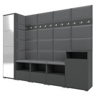 GARDEROBE NELA XI 250 cm (Modulare Flurmöbel Graphit mit Spiegel & Sitzpolster Dunkelgrau 15 Großes Set) - Dunkelgrau/Silberfarben, Holz/Holzwerkstoff (250/187/40cm) - Ravio