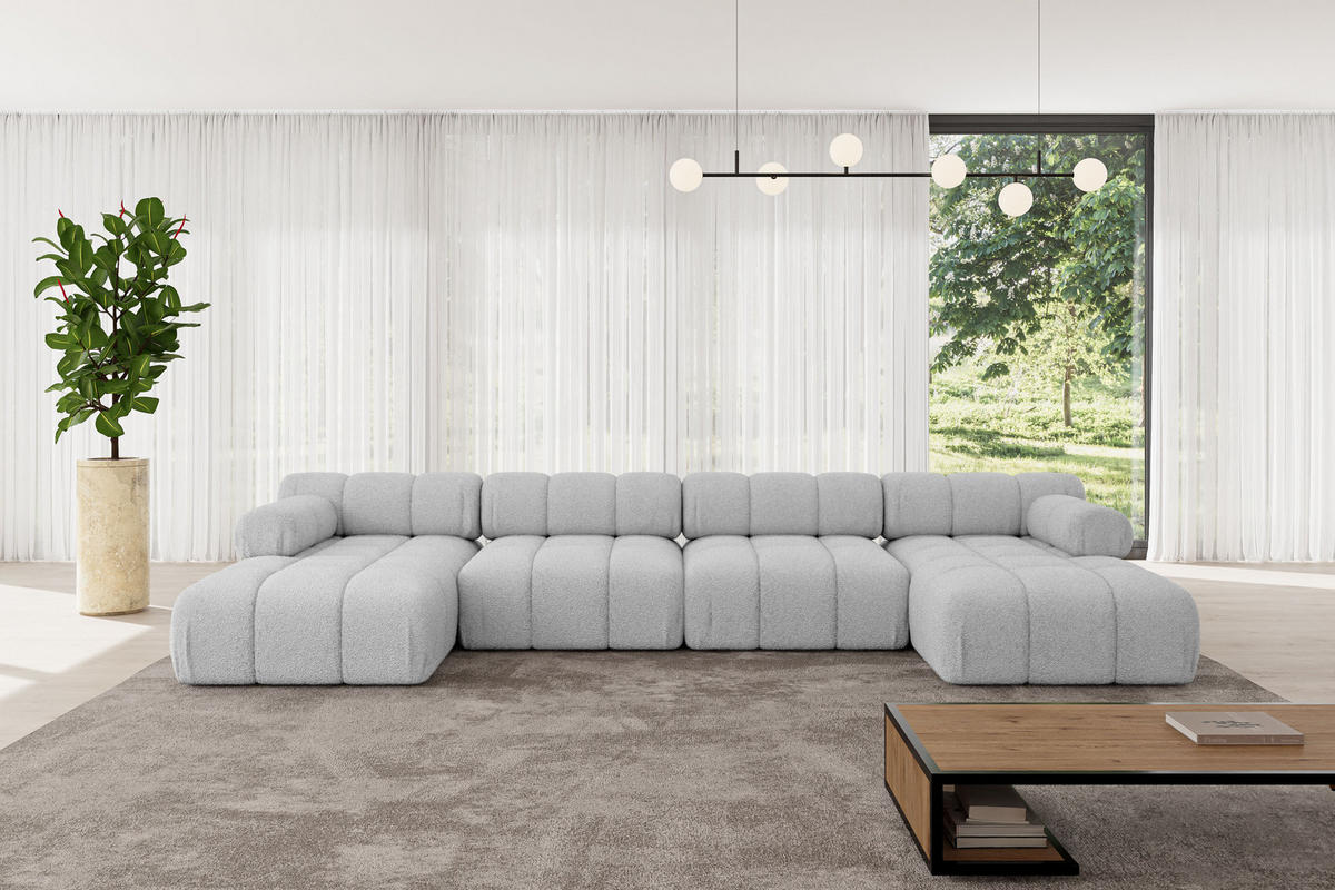 WOHNLANDSCHAFT modulares Sofa Tesso-U2 - 380x160x70 cm Hellgrau Bouclé - Hellgrau, Holzwerkstoff/Textil (380/70/160cm) - ALTDECOR