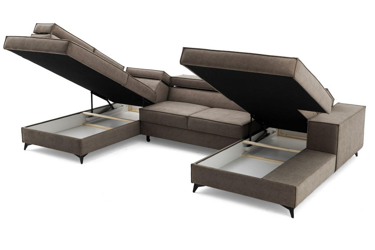 ECKSOFA PURE U Links mit Schlaffunktion 127x270 Velours Beige - Beige/Schwarz, Holz/Textil (340/204cm) - Muffo