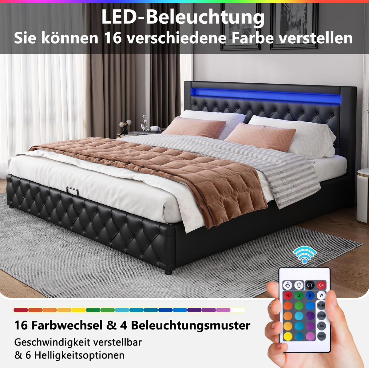 POLSTERBETT 140/200 cm schwarz aus PU mit Bettkasten und LED-Beleuchtung - Schwarz, Kunststoff (140/200cm) - OKMYHOME
