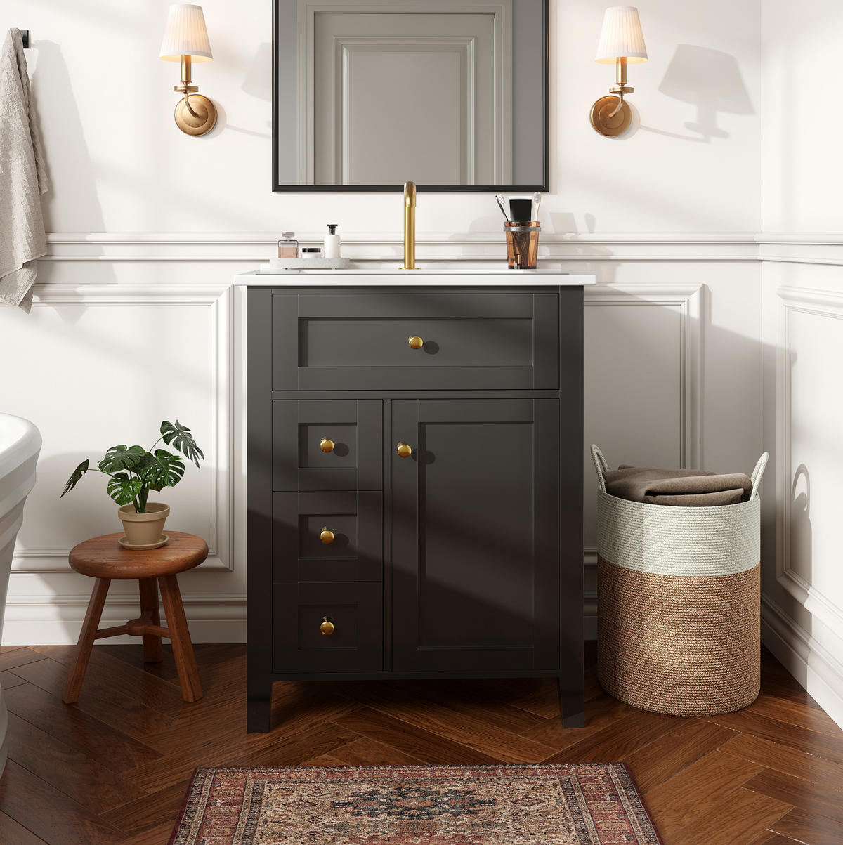 WASCHTISCHUNTERSCHRANK aus MDF und Keramik 61x47x86 cm Schwarz mit Stauraum, Soft-Close und Keramikwaschbecken - Schwarz, Keramik (61/86/47cm) - Modfu