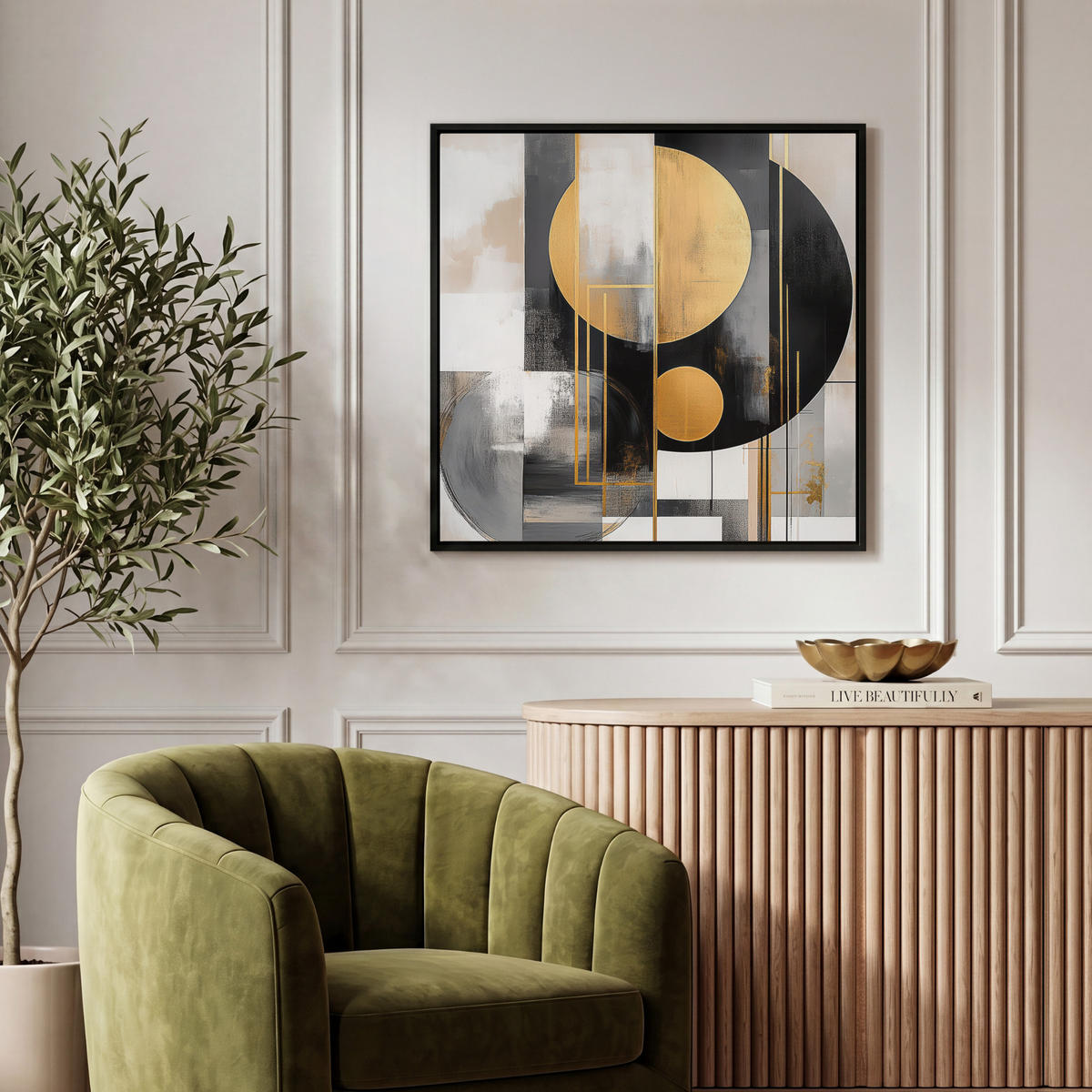 LEINWAND Bilder mit Rahmen - Abstrakt - Gold - Silber - Formen - Ästhetisch - Modern - 50x50 - Goldfarben, Textil (50/50cm) - MuchoWow