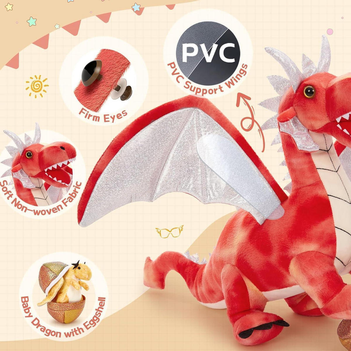 PLÜSCHTIER Drache mit Babys 55 cm Rot - Multicolor, Textil (53/55cm)