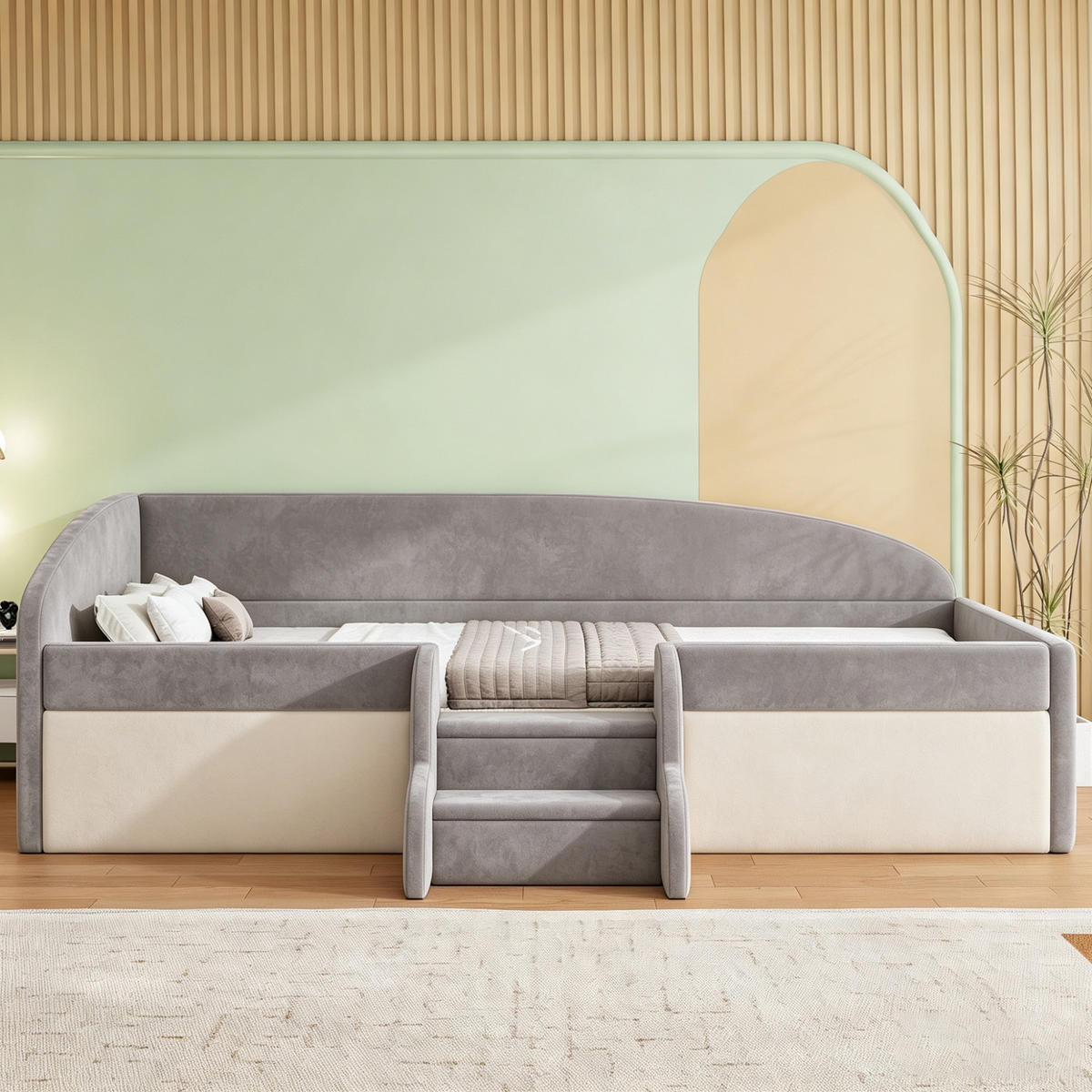 POLSTERBETT 90/190 cm in Grau mit Stufen, Schutzbügel und Lattenrost aus Samt im Farbblock-Design - Grau, Holzwerkstoff/Textil (90/190cm) - STILVORA