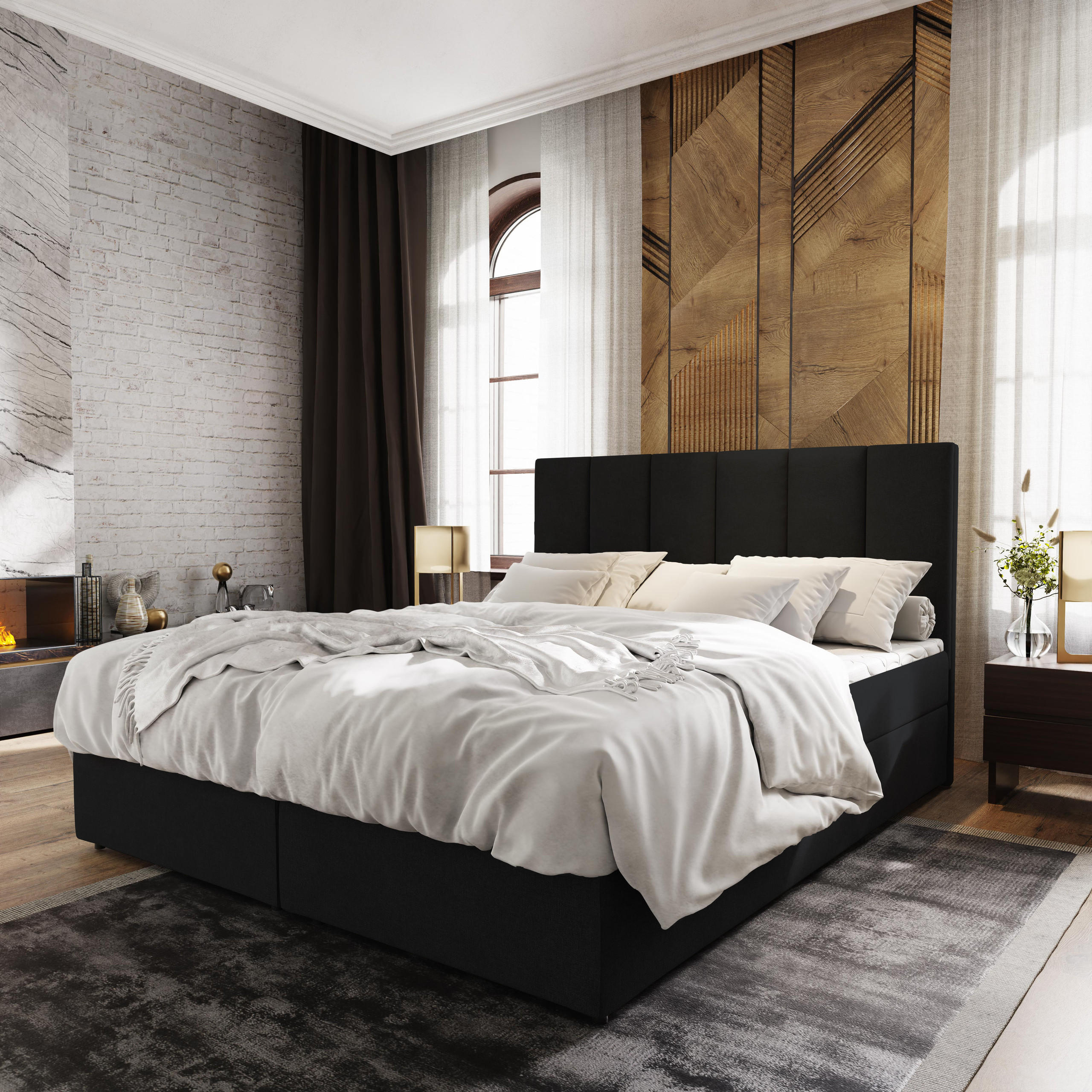 BOXBETT MERIL 160x200 cm mit Matratze und Topper - Schwarz - Schwarz, Holz (160/200cm) - MASSENO