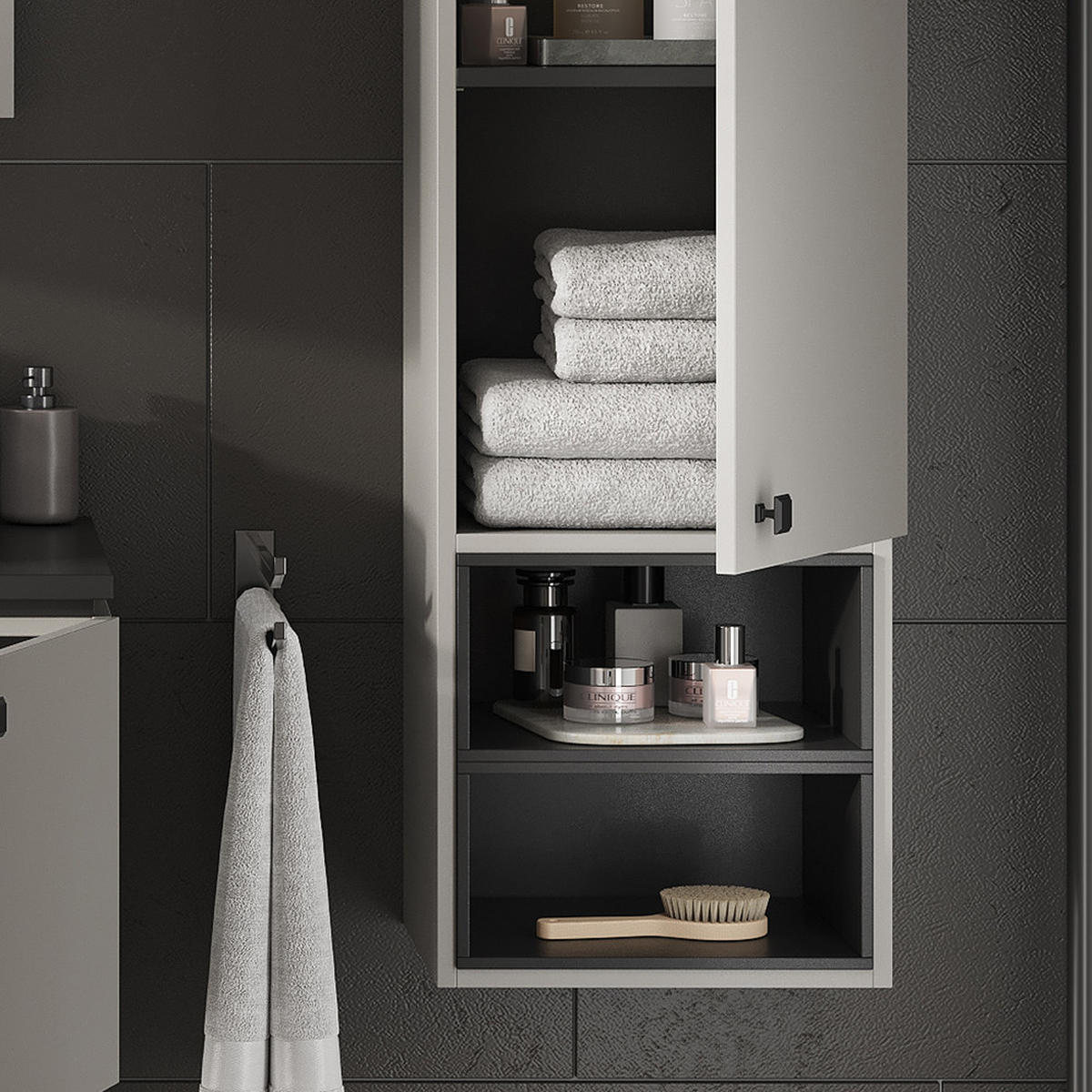 BADSCHRANK Gerta Grau 37.5 x 150 cm mit Tür und offenen Fächern - Grau, Holzwerkstoff (37.5/150/35cm) - Vicco