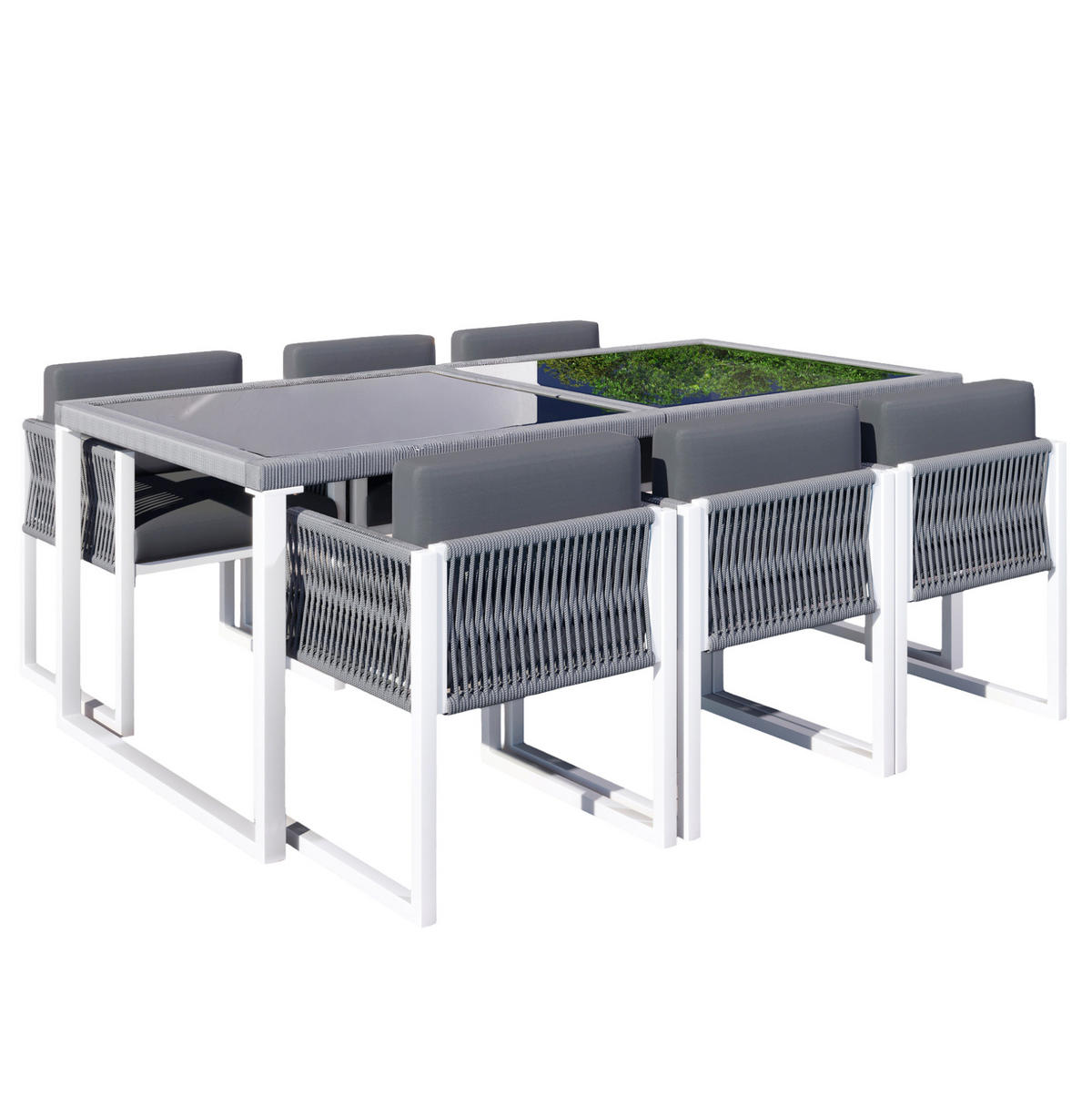 GARTEN-ESSGRUPPE 170/80/75 cm mit 6 Sesseln, gehärteter Glasplatte und waschbaren Bezügen, Grau/Weiß - Grau, Metall - Redom
