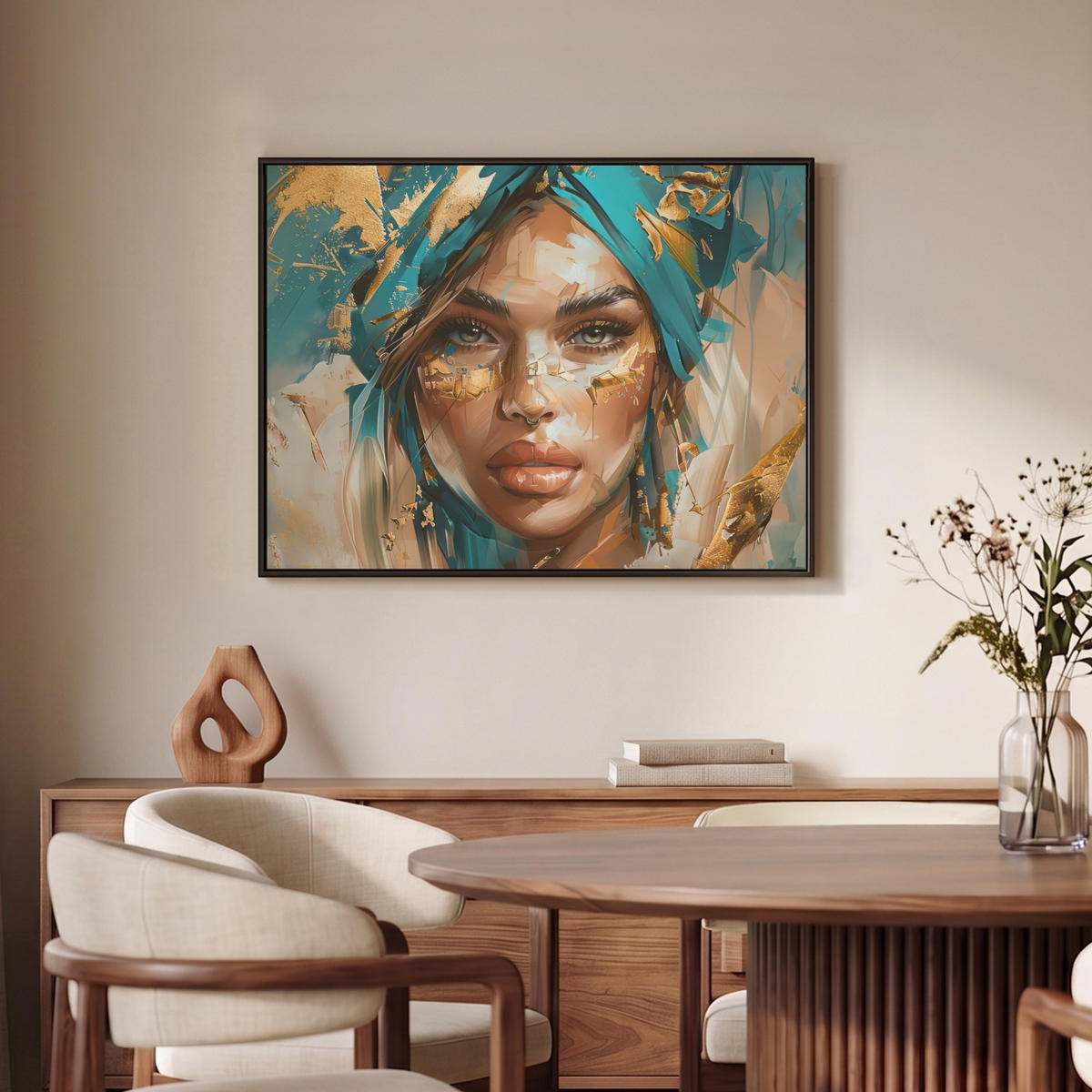LEINWAND Bilder mit Rahmen - Frau - Porträt - Gold - Luxus - Blau - 70x50 - Türkis, Textil (70/50cm) - MuchoWow