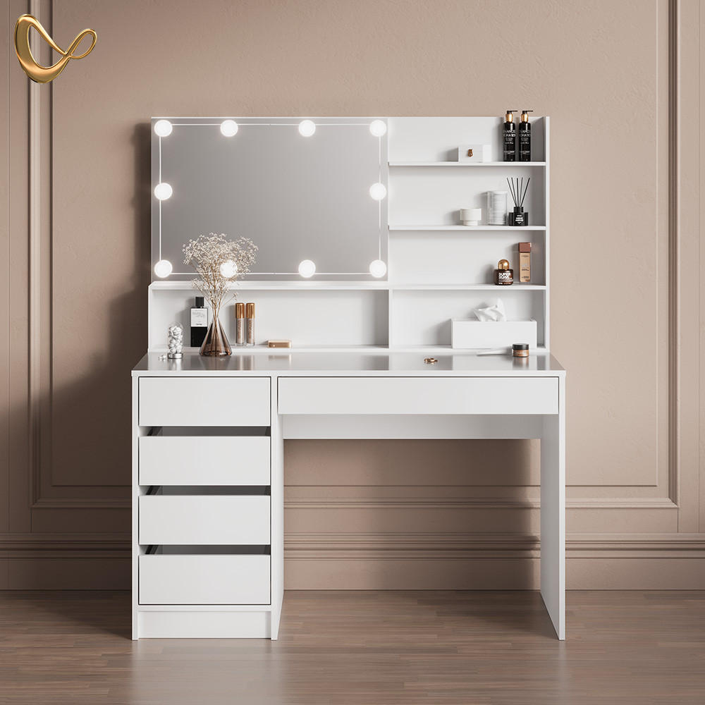 SCHMINKTISCH Imola Weiß 145 cm mit LED Beleuchtung, und Spiegelregal - Weiß, Holzwerkstoff (145/75/55cm) - Livinity®