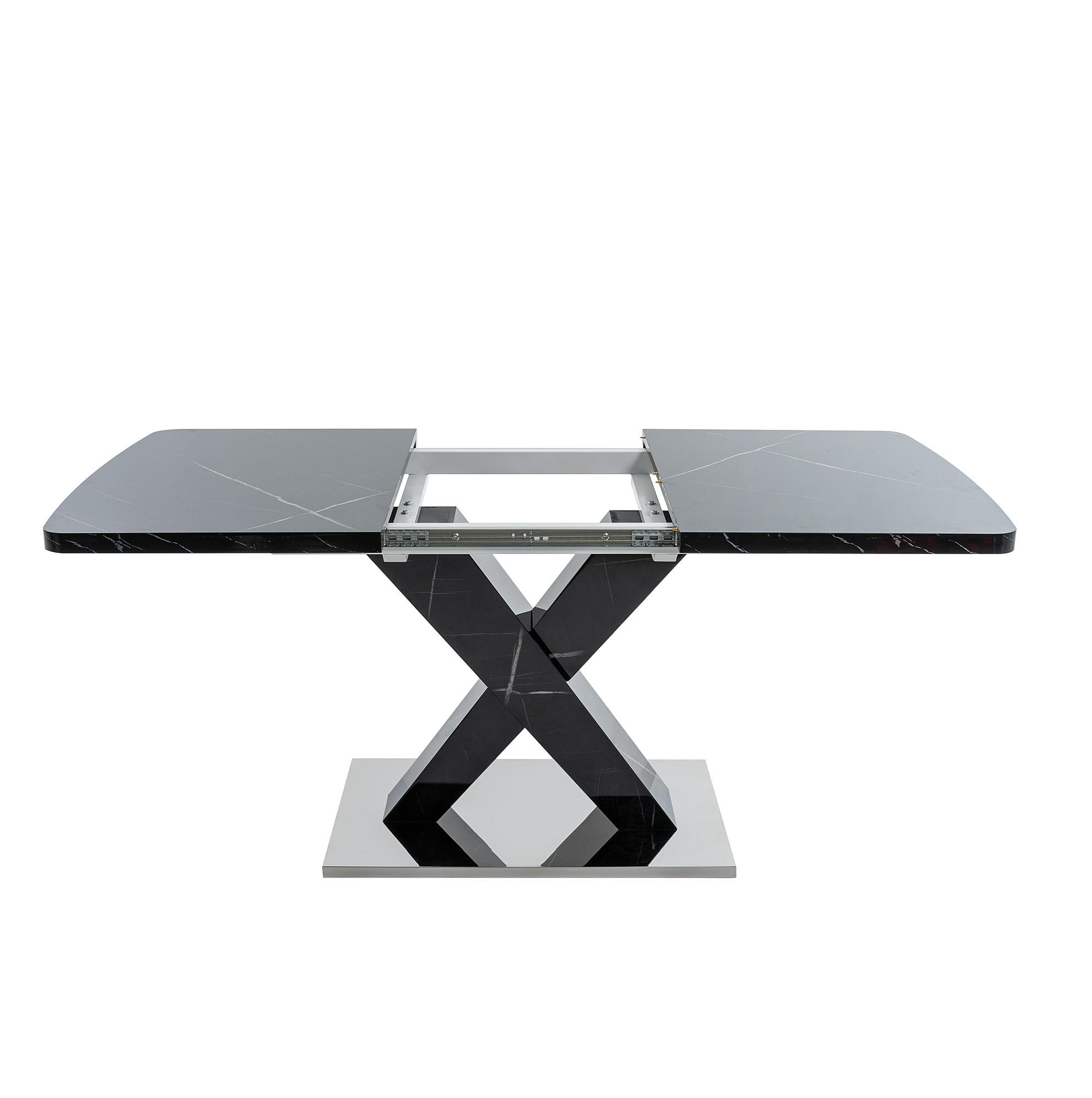 ESSTISCH aus MDF und Stahl 120-160x80x76,5 cm Schwarz ausziehbar mit Marmoroptik und X-Gestell - Schwarz, Holzwerkstoff (160/80/76.5cm) - Modfu