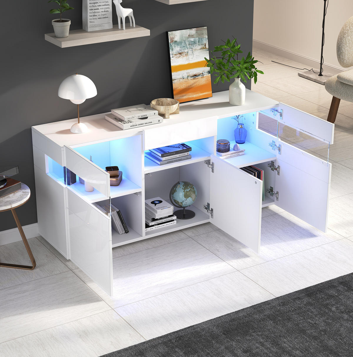 SIDEBOARD 140/40,5/66,5 cm, 3 Türen, Hochglanz-Front und app-gesteuerte LED für Wohnzimmer，Weiß - Weiß, Holzwerkstoff (140/66.5/40.5cm) - Redom