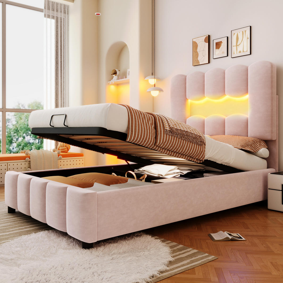 POLSTERBETT mit LED-Beleuchtung 90/200 cm mit Bettkasten in Rosa - Rosa, Textil (90/200cm) - BEAOK
