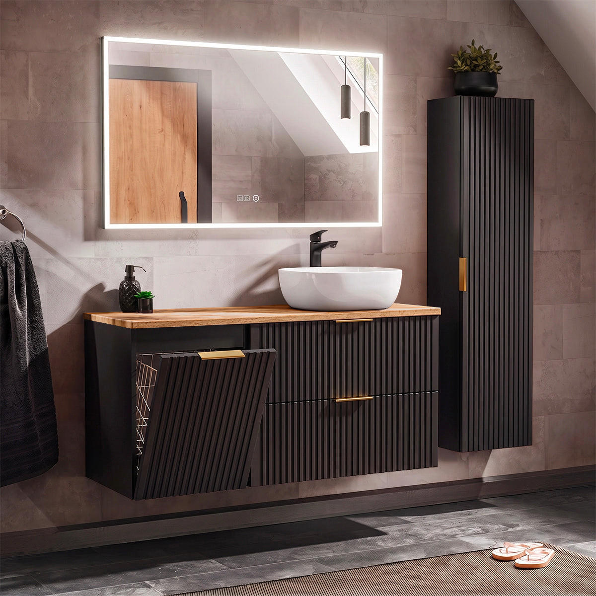 BADMÖBEL 120.8cm Adriel 2er-Set Schwarz und Holz - Schwarz, Holzwerkstoff (120.8/59/46cm) - Petits-meubles
