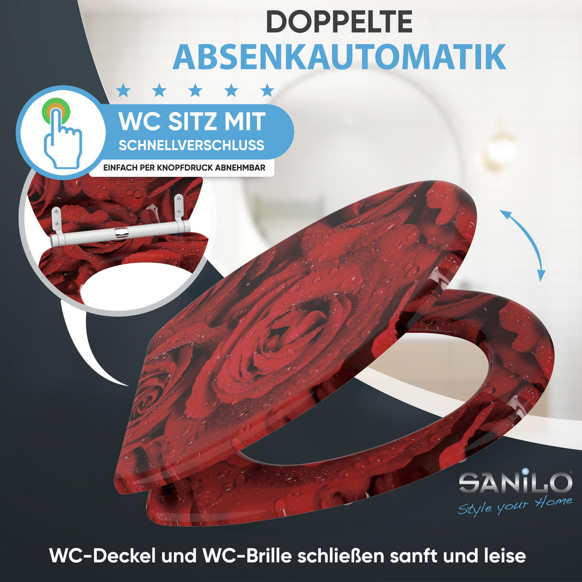 WC-SITZ mit Absenkautomatik & Top Fix Rosen - Rot, Holzwerkstoff (37.7/5.5/48cm) - Sanilo