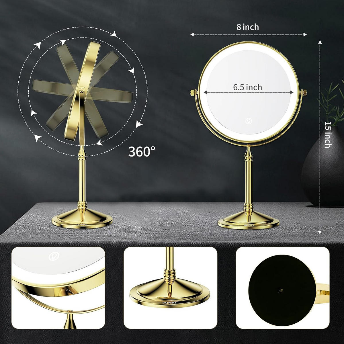 KOSMETIKSPIEGEL, 10-fache Vergrößerung, Goldfarben, 35/20/11 cm - Goldfarben, Metall (24.5/6.5/39cm)