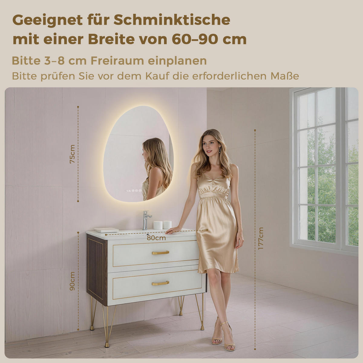 BADSPIEGEL MIT BELEUCHTUNG 75/55 cm asymmetrisch Bluetooth LED mit Antibeschlag - Transparent, Glas (55/75/3cm) - S'AFIELINA