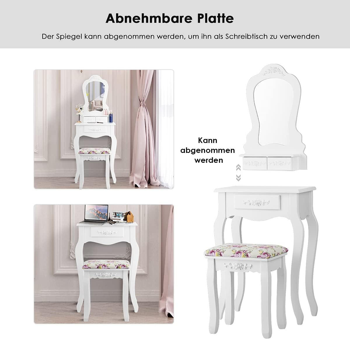 SCHMINKTISCH set kosmetiktisch Weiß - Weiß, Holz (30/136/50cm) - COSTWAY