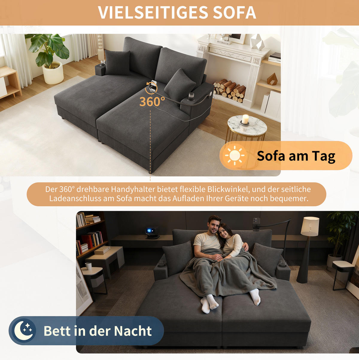 2-SITZER Schlafsofa Cord mit USB-Anschluss und Getränkehaltern Grau 163/140/82 cm - Grau, Textil (140/82/163cm) - Redom