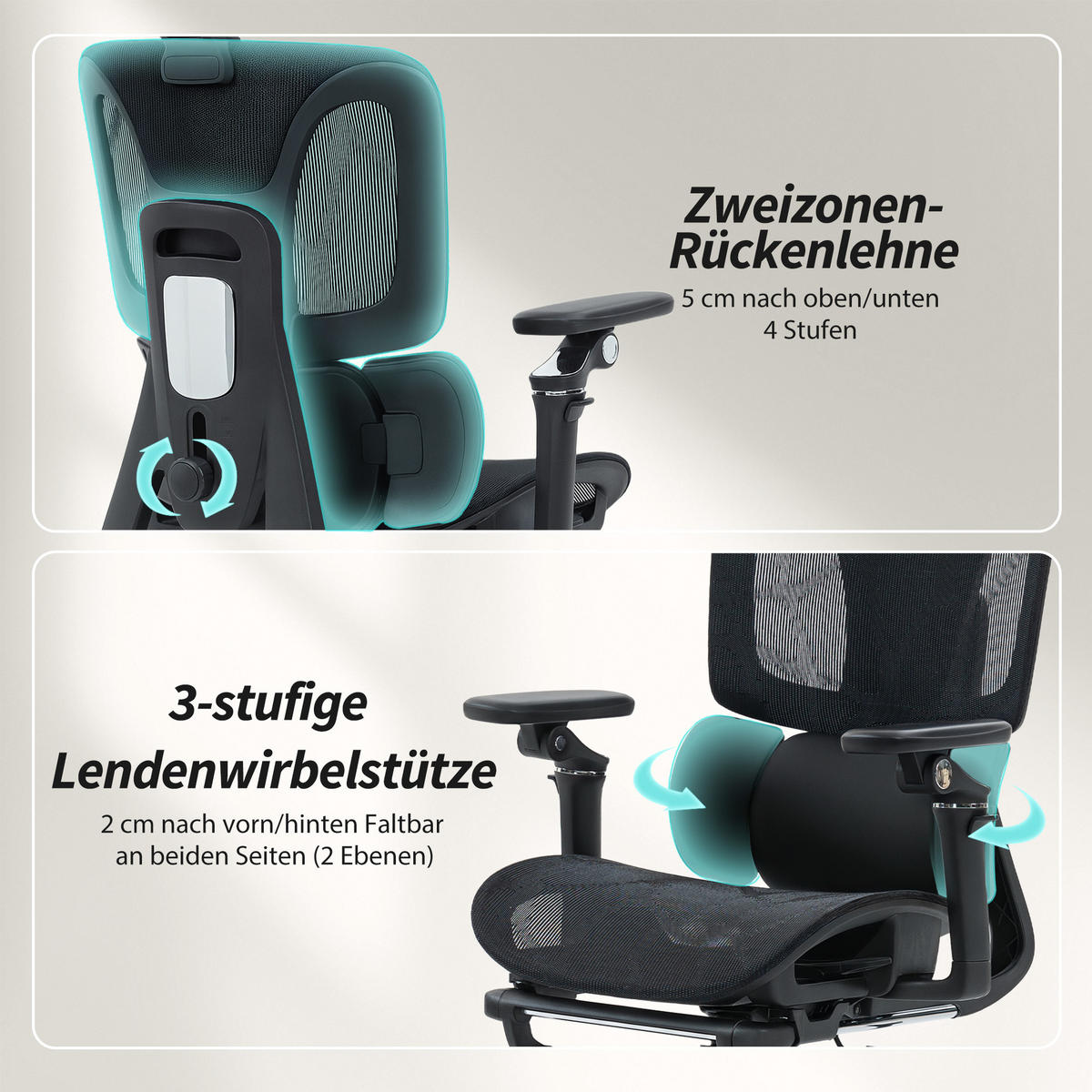 BÜROSTUHL Ergonomisch Schreibtischstuhl mit verstellbar Lenden- und Kopfstütze - Schwarz, Kunststoff/Textil (67/133/71cm) - HOMCOM