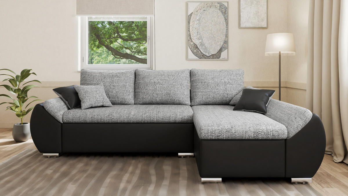 ECKSOFA - ALEX – Grau + Schwarz (Lawa 05 + Soft 11) - Rechts - Grau, Holzwerkstoff/Metall (275/155cm) - Möblo