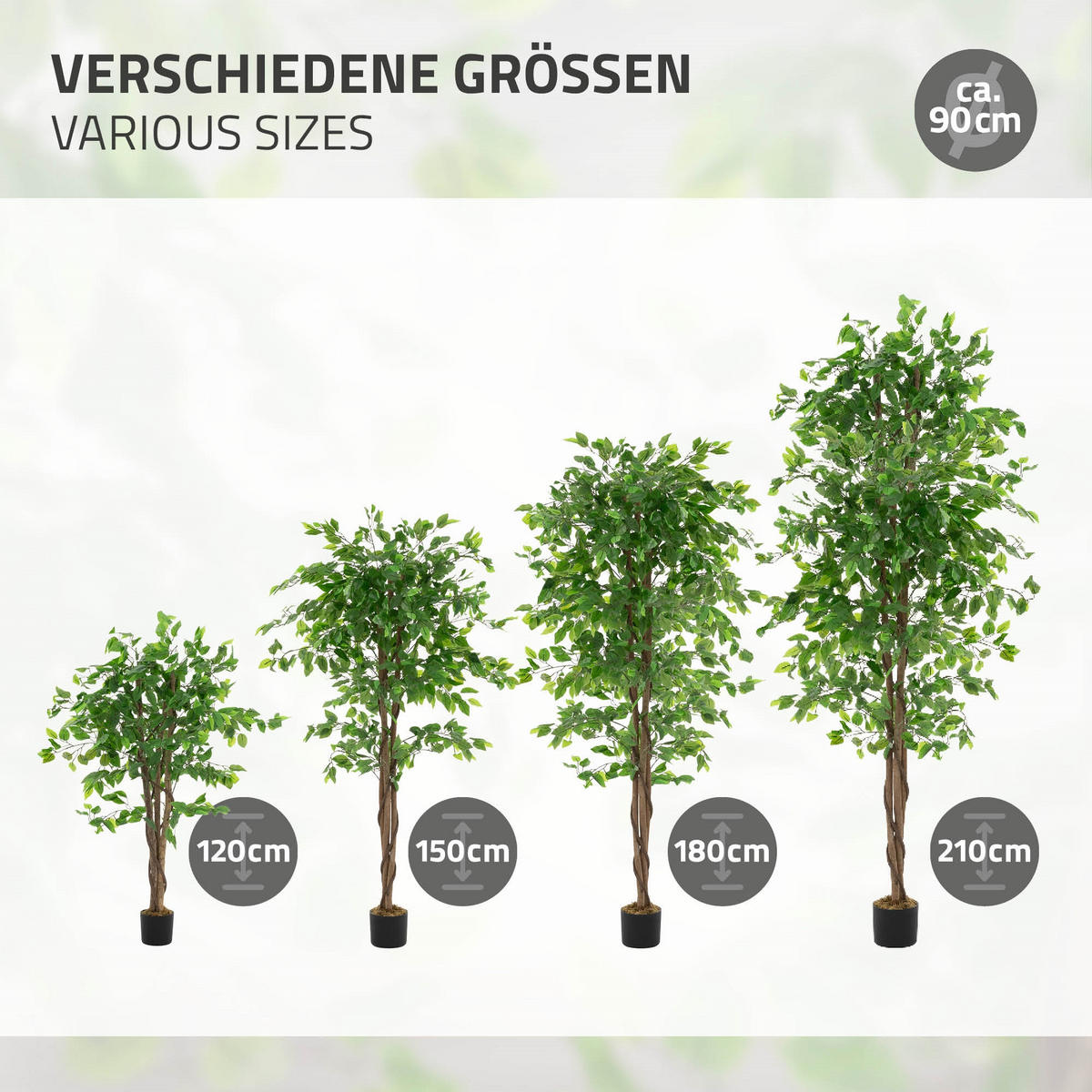KUNSTPFLANZE Ficus 120 cm mit Naturholzstamm für Innen/Außen - Schwarz/Grün, Kunststoff/Textil (120cm) - ML-DESIGN