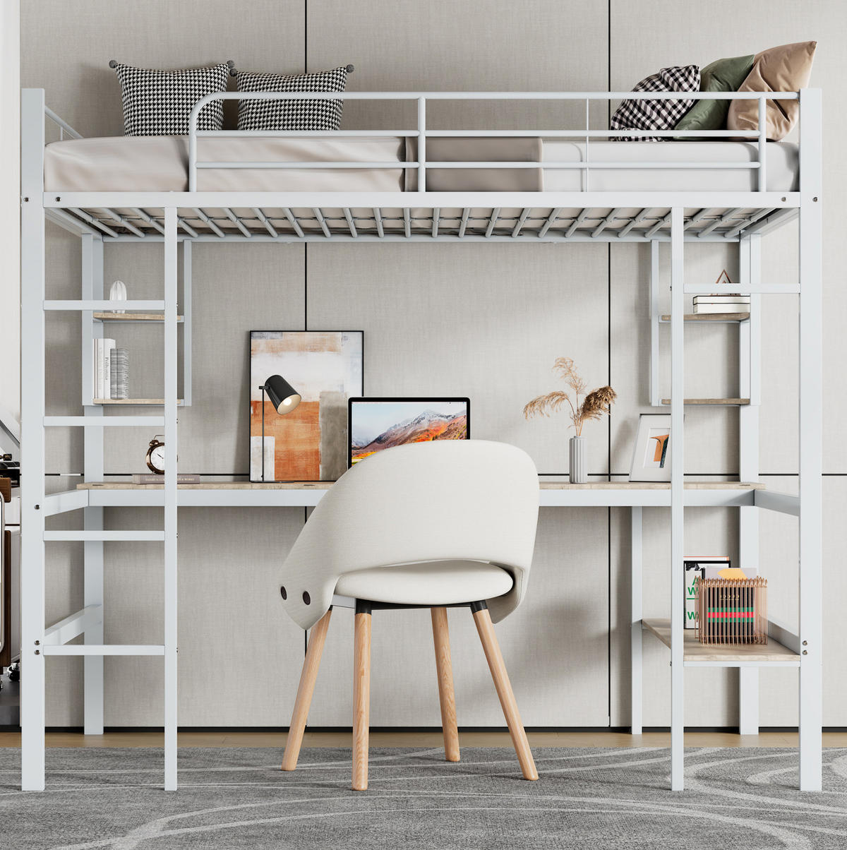 HOCHBETT mit Schreibtisch 90/200 cm in Weiß – mit Regal und Rausfallschutz - Weiß, Metall (90/200cm) - BEAOK