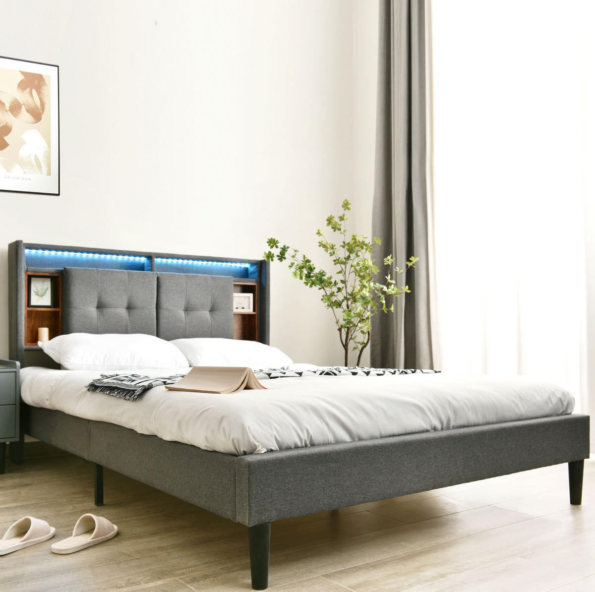 POLSTERBETT aus Massivholz 160x200 cm in Grau mit Matratze & LED - Grau, Holz (160/200cm) - Modfu