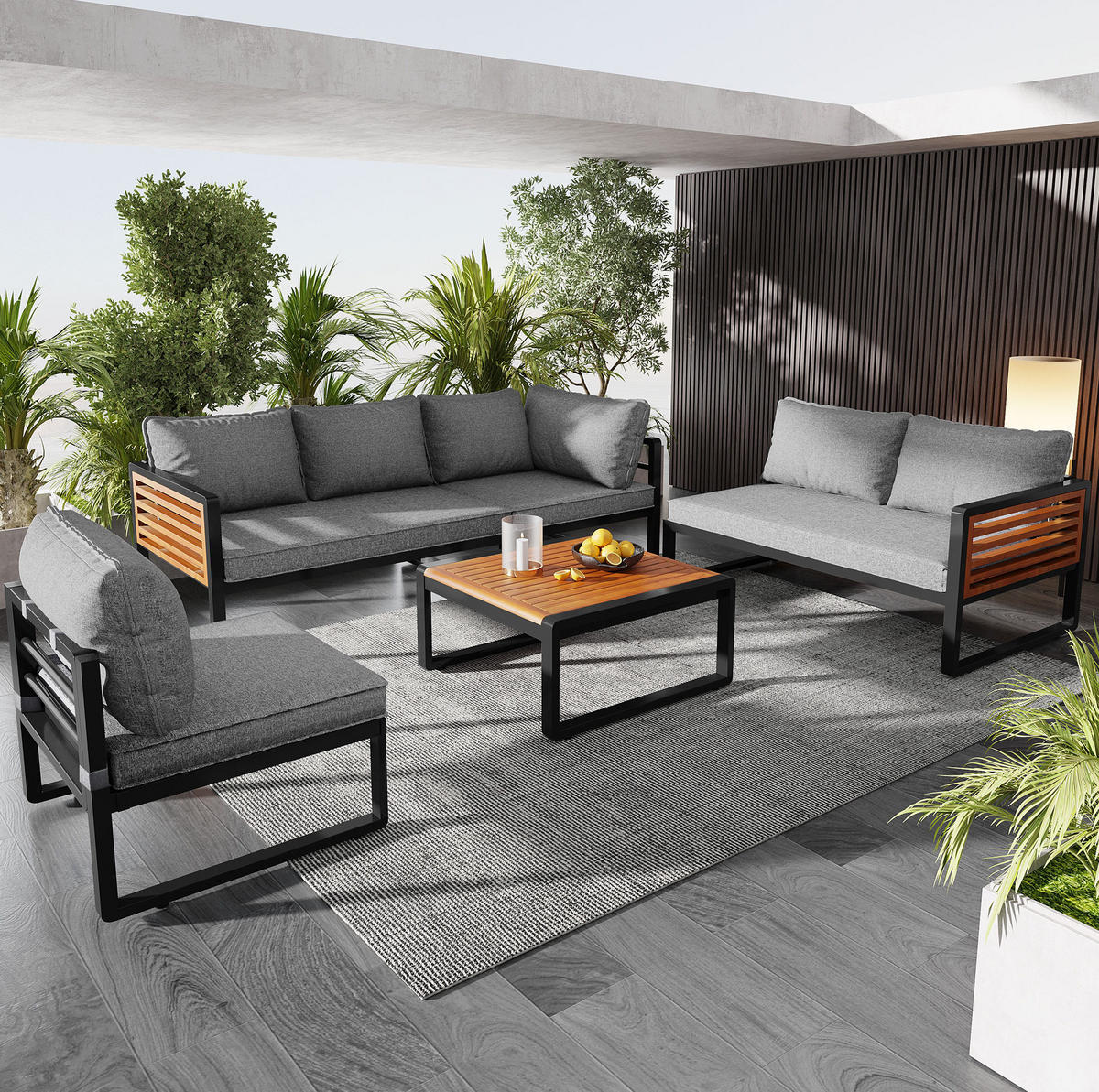 GARTENMÖBEL 110x60x63.5cm grau aus Metall und Holz, mit Kissen - Grau, Metall - Modfu